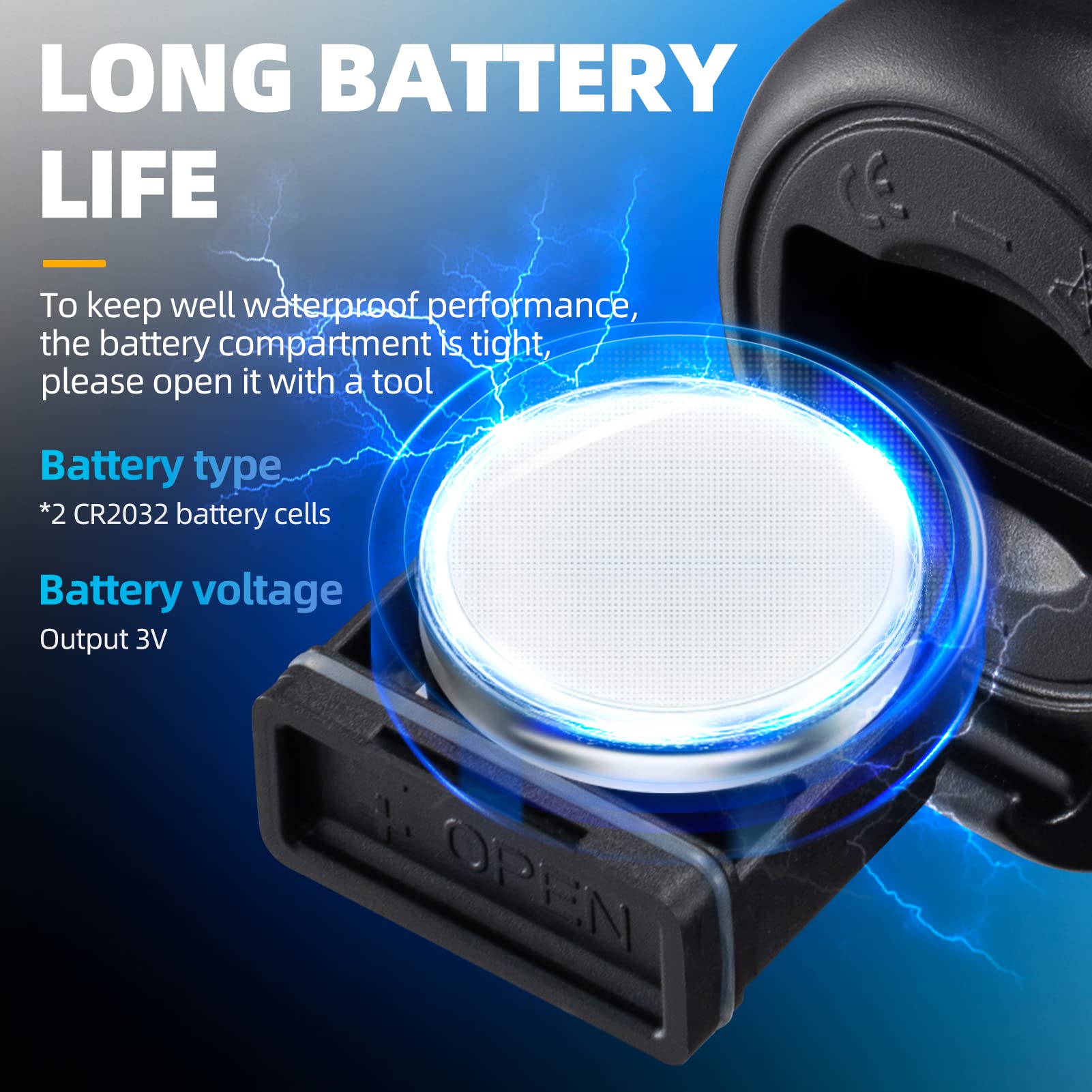 Battery compartment with CR2032 battery cells and text about long battery life on a blue background