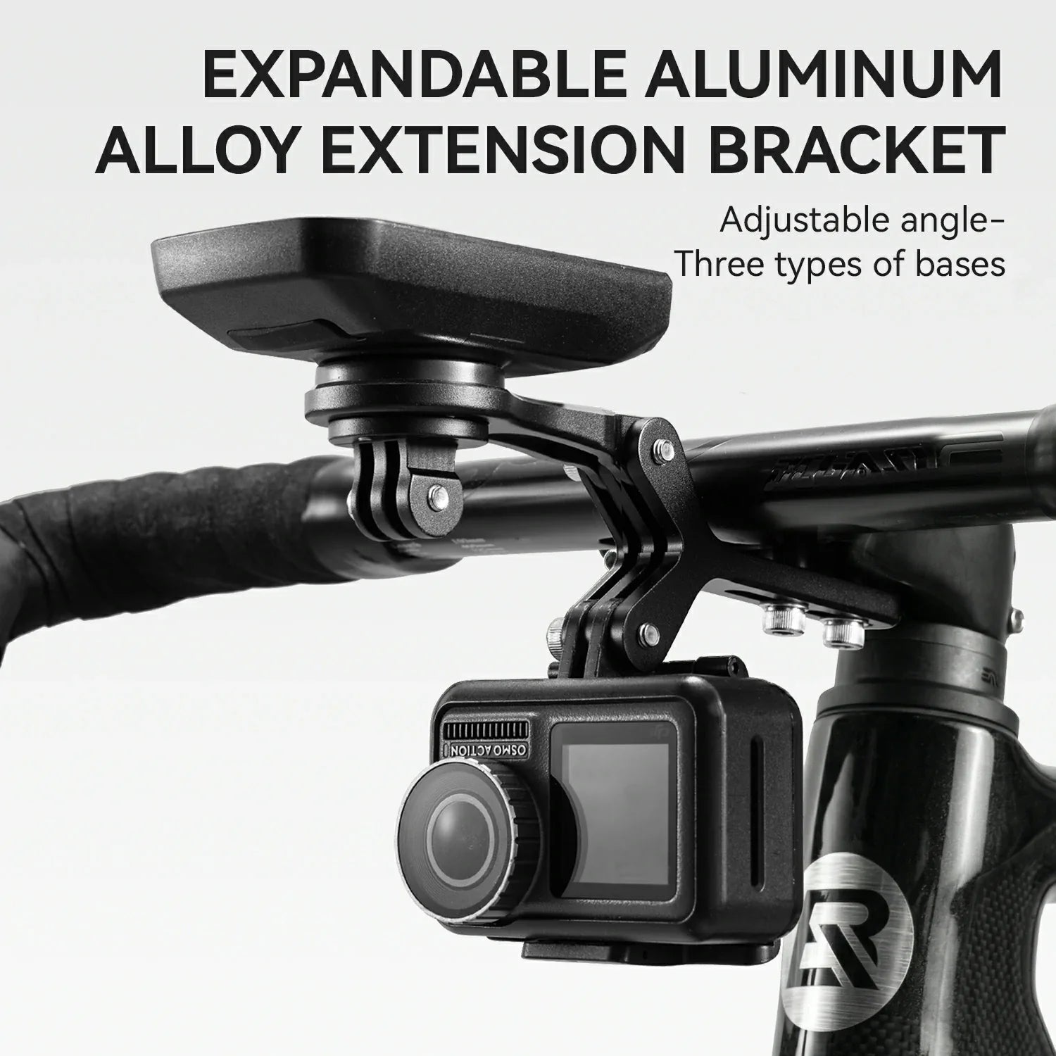 Expandable aluminum alloy extension bracket on a bike handlebar with camera attachment.