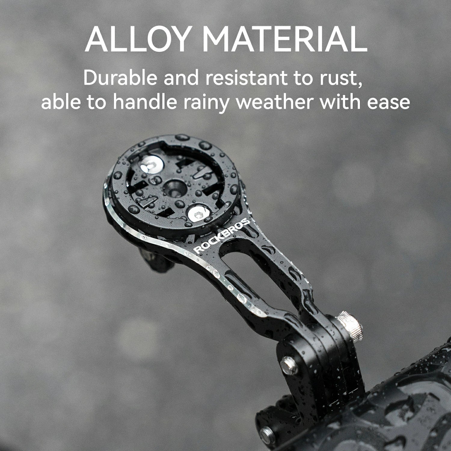 Metallic bike component with text highlighting alloy material's durability and resistance to rust.