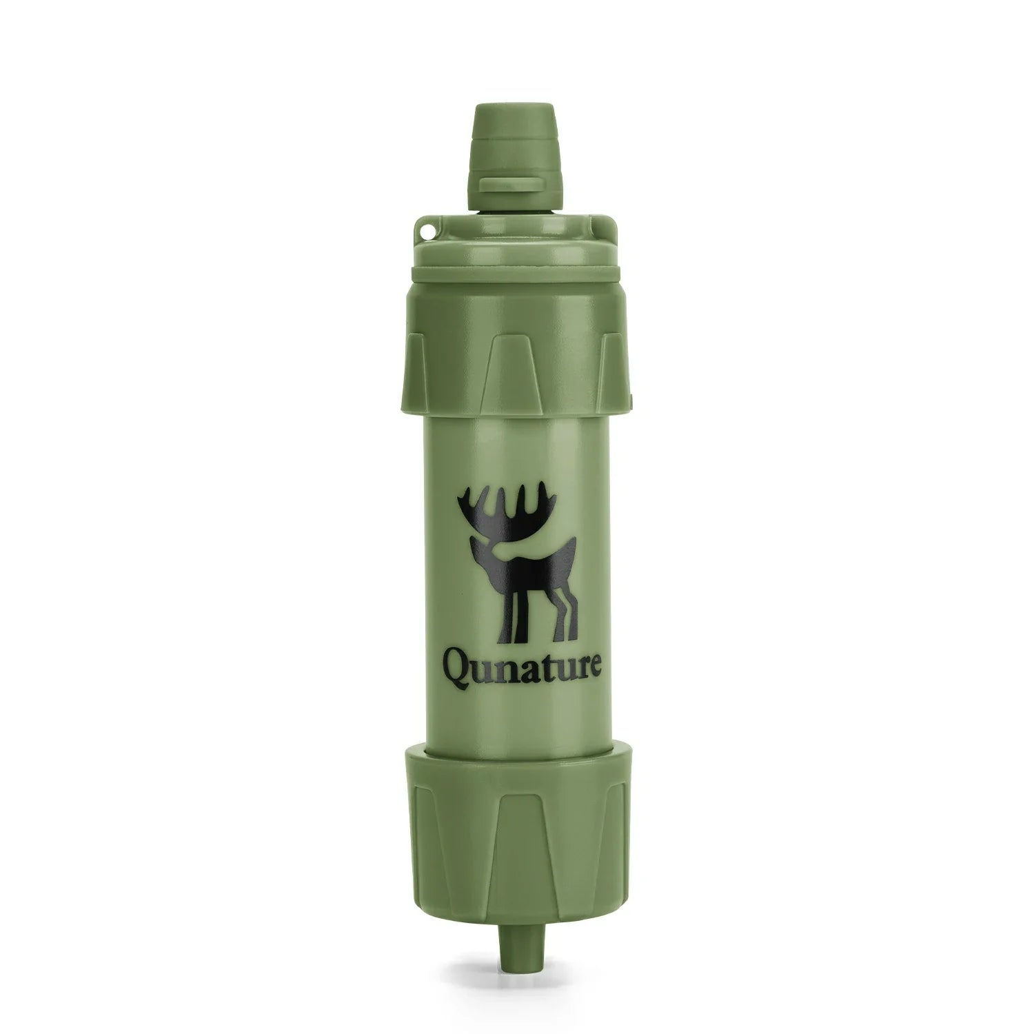 An olive green water filter cylinder with a black deer logo and the brand name 'Qunature' printed on the front, set against a plain white background. #Color_Green