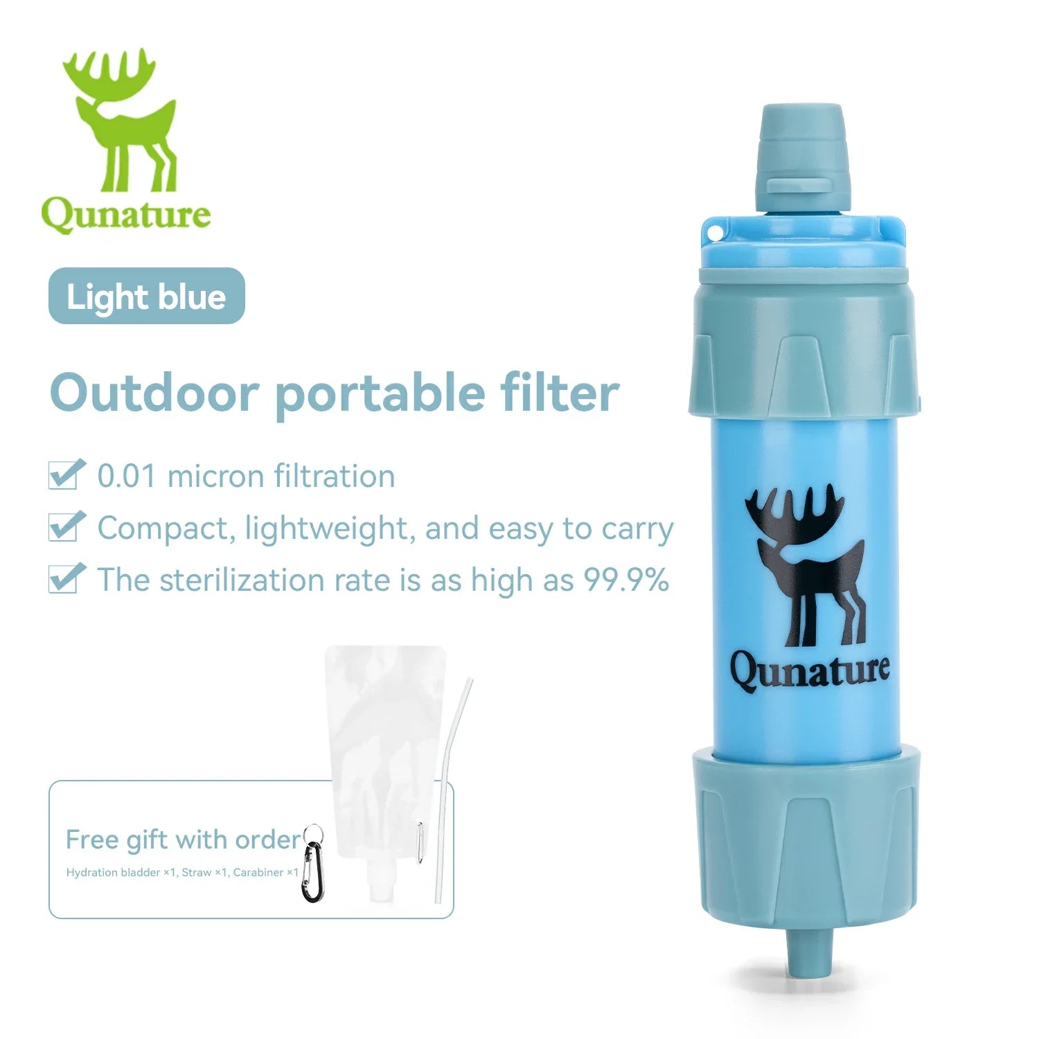 A light blue outdoor portable water filter bottle by Qunature, shown on a white background with product features and text callouts. The bottle has a matching light blue cap and base, a black deer logo, and the Qunature brand name printed on the front. #Color_Blue