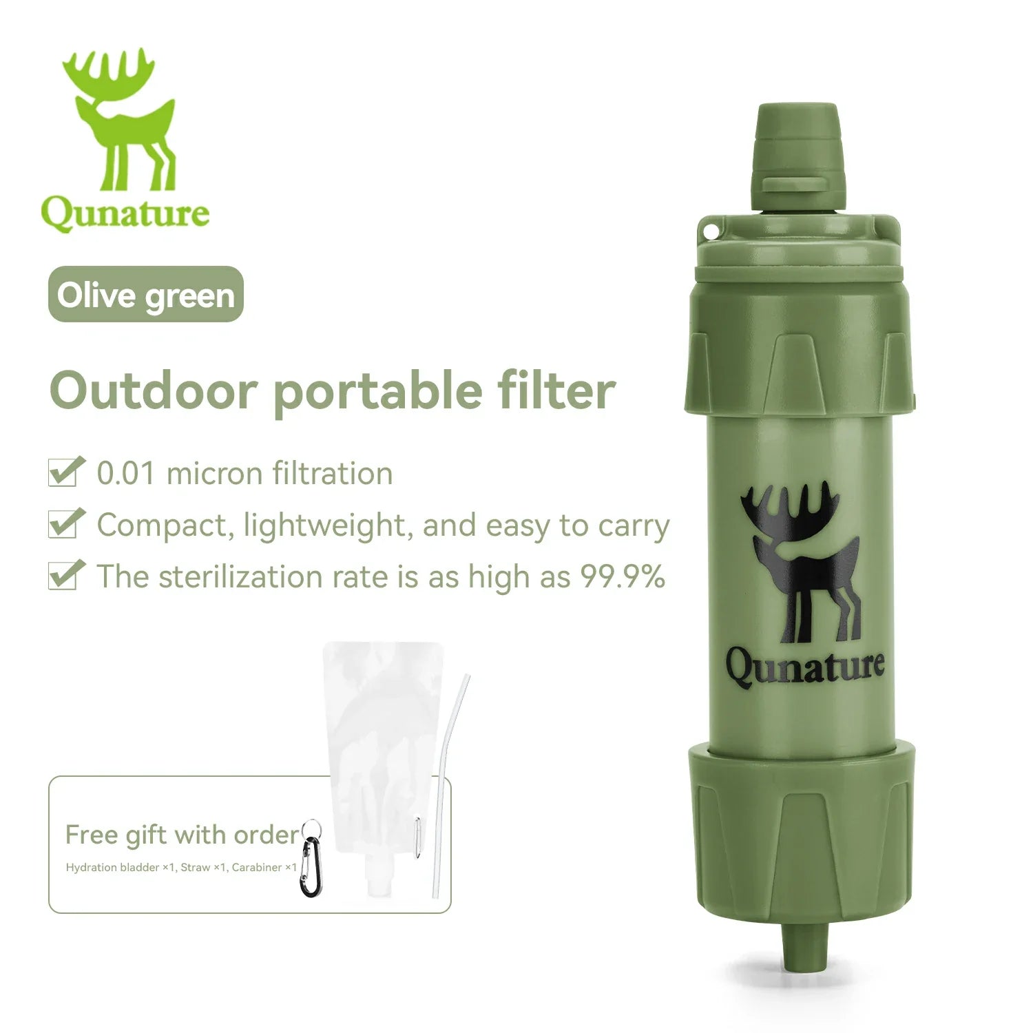 An olive green outdoor portable water filter bottle by Qunature, shown on a white background with product text, a small filter kit accessory, and a free gift offer. #Color_Green