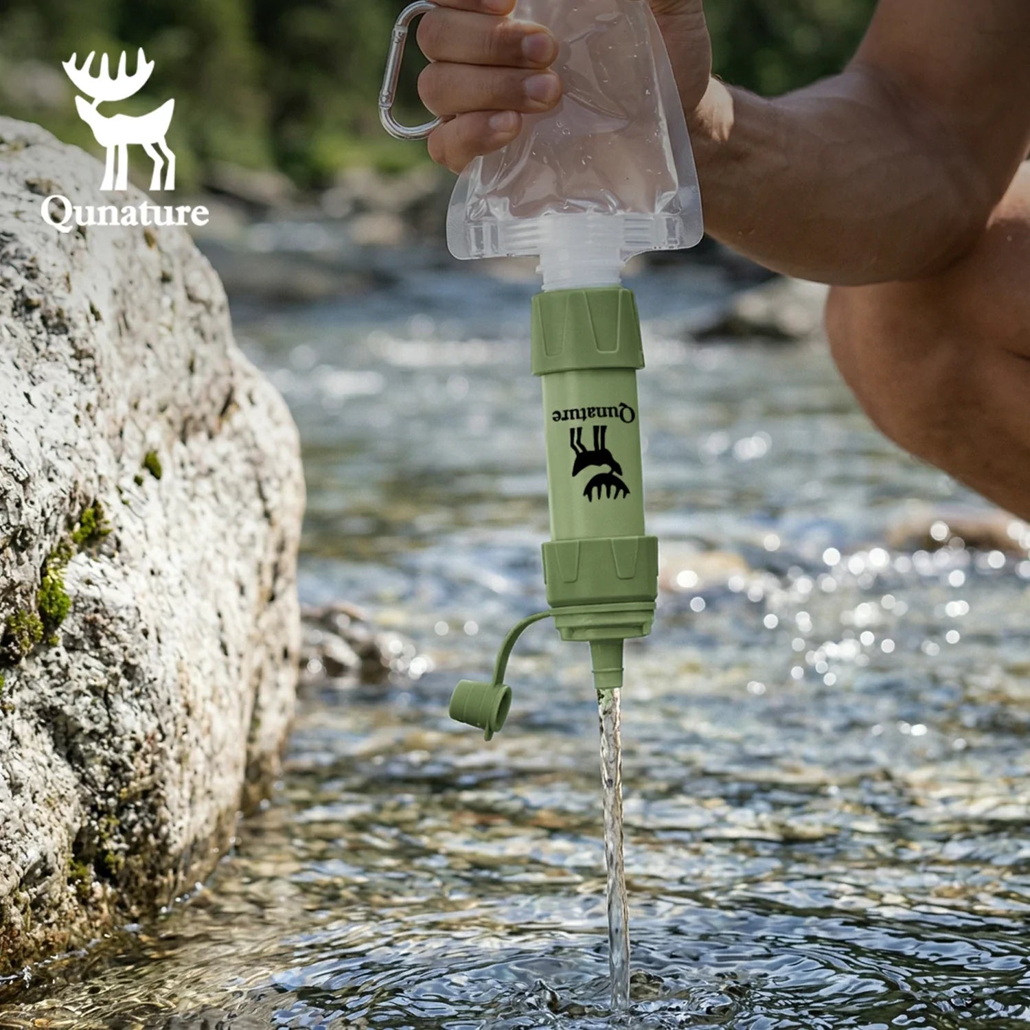 Qunature water filter being used to purify water from a stream #Color_Green