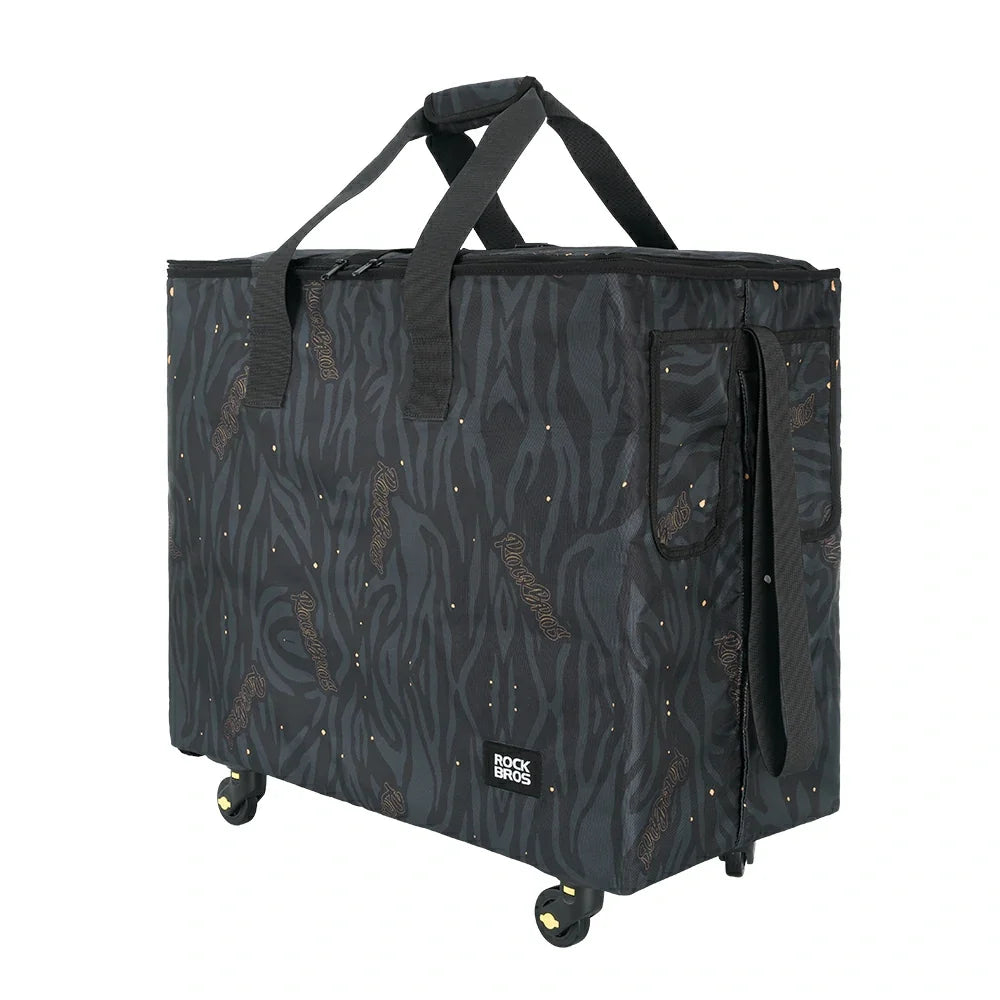 Black patterned travel bag with wheels on a white background
