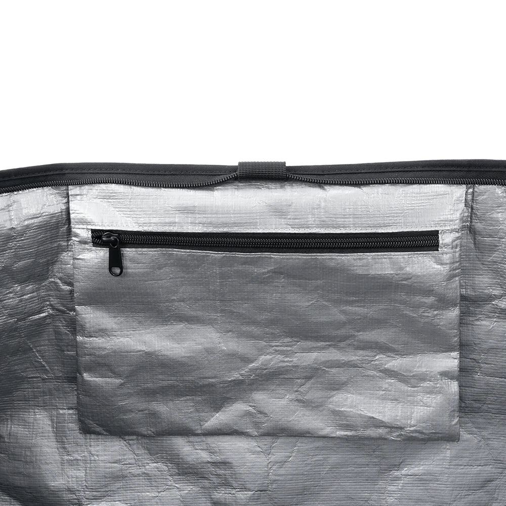 Gray mesh pouch with a black zipper on a white background