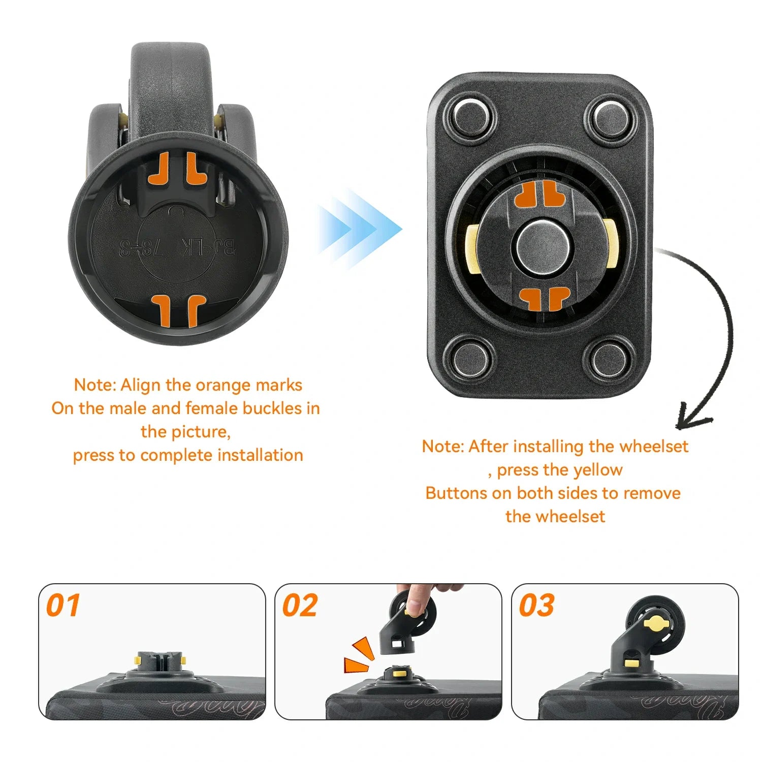 Instructions for installing a wheelie device with clear diagrams and text on a white background.