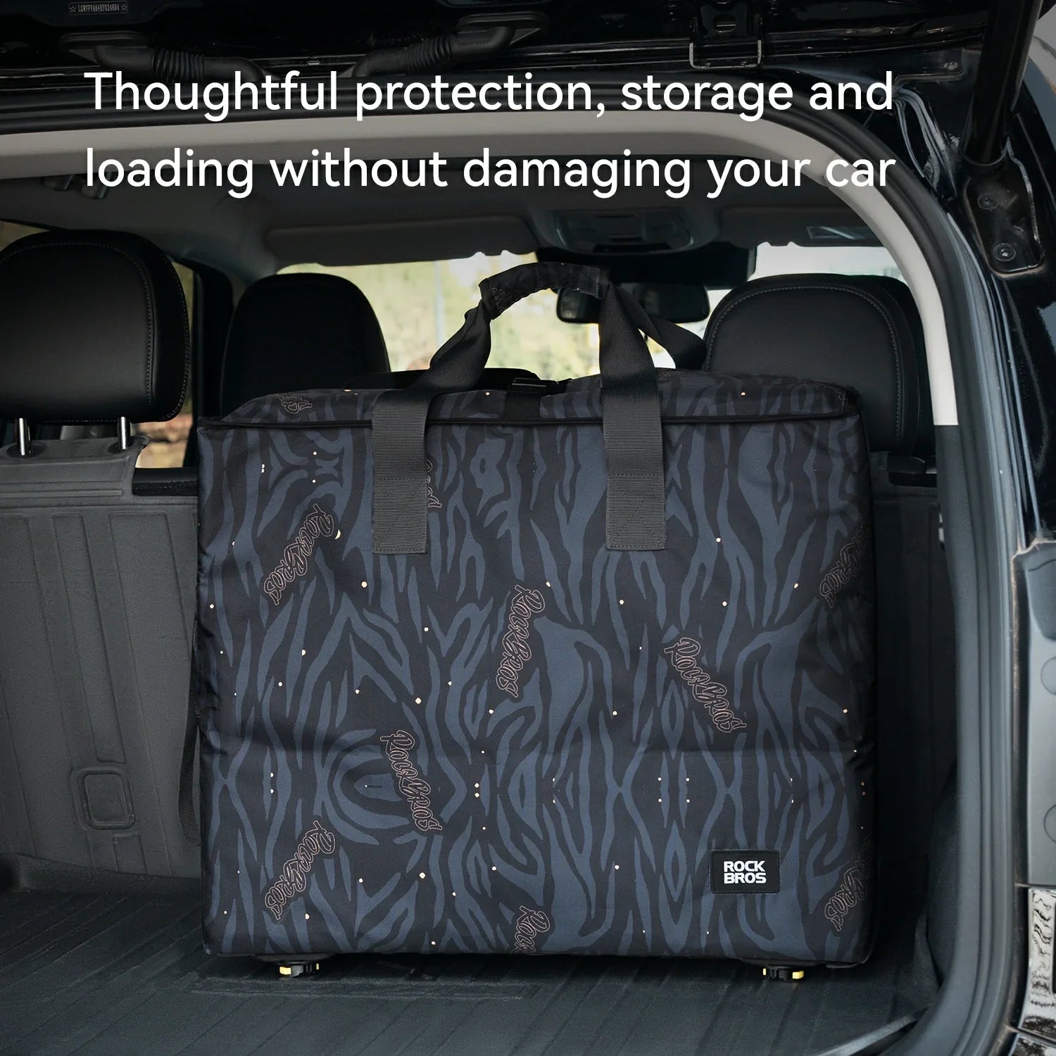 Car trunk with a patterned bag for storage and loading, text about protection and damage prevention.