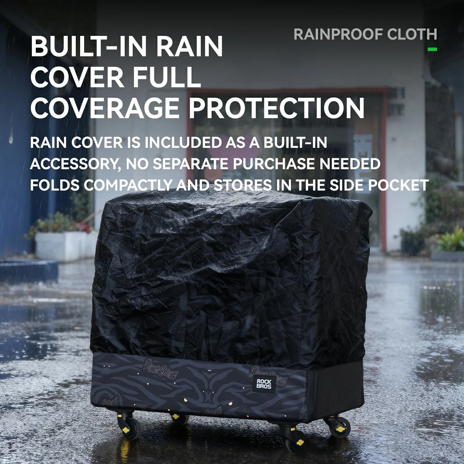 Black portable bag with rain cover on a wet pavement, text about built-in rain cover.