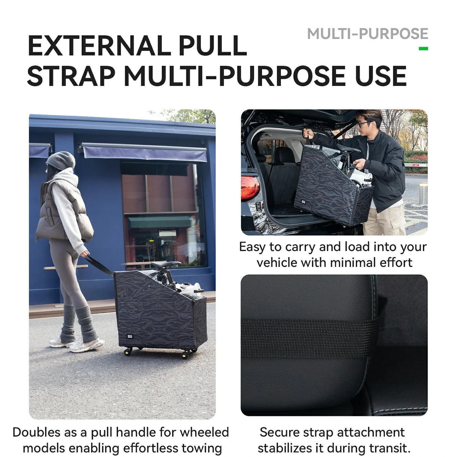 Product advertisement for an external pull strap with text on multi-purpose use and features.