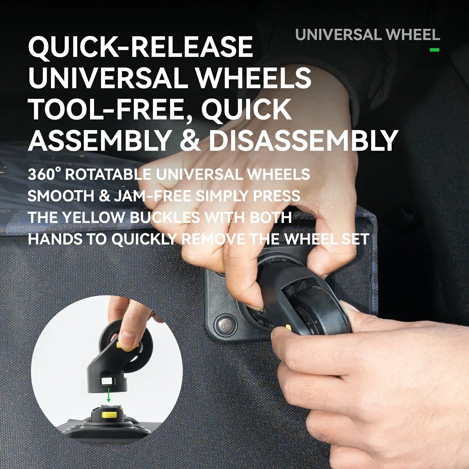 Quick-release universal wheels with hands demonstrating assembly and disassembly.