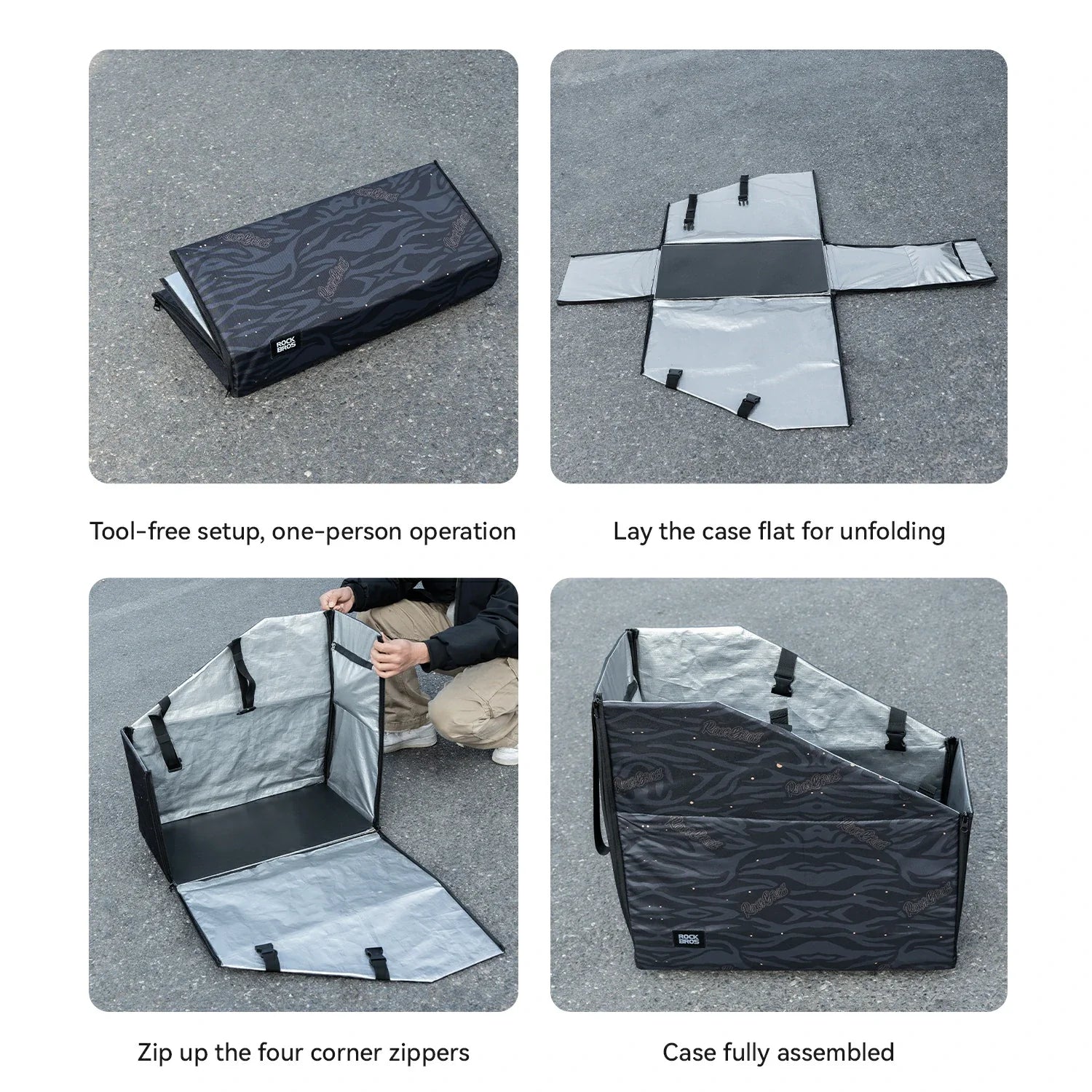 Step-by-step guide on how to set up a folding case with text instructions.
