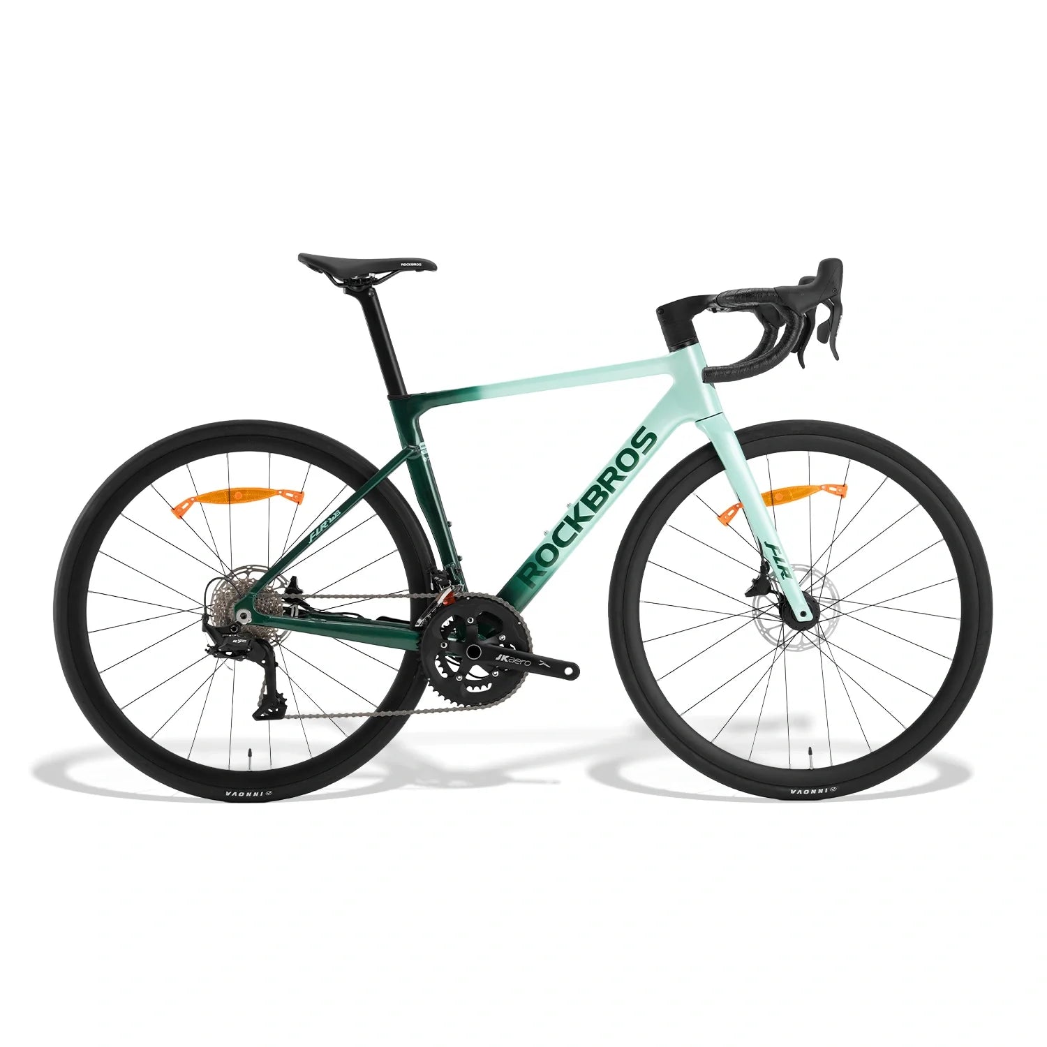 Green and light blue bicycle with 'Rockeros' branding on a white background #color_Green