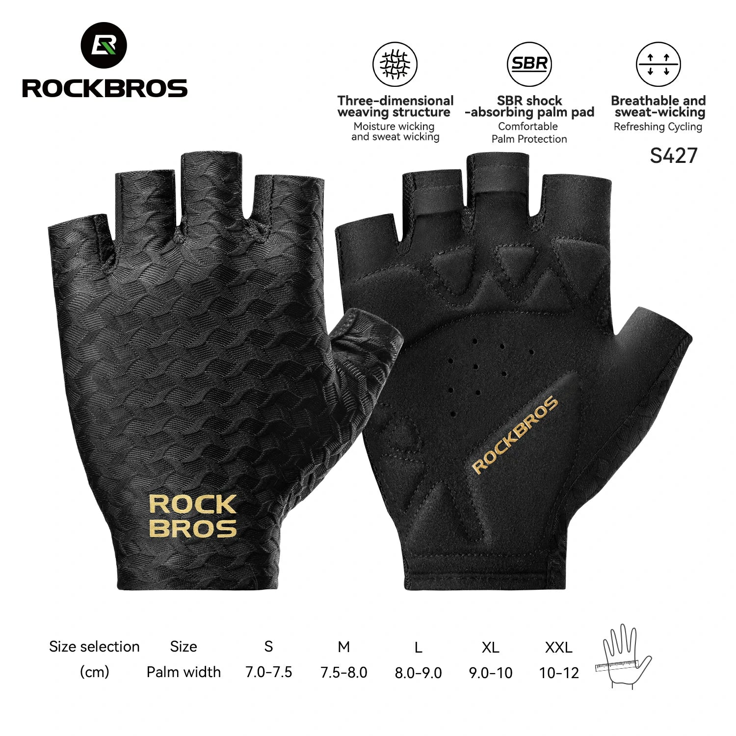 Black Rockbros fingerless cycling gloves shown front and back on a white background, with feature icons and size information printed around them. #Color_Black