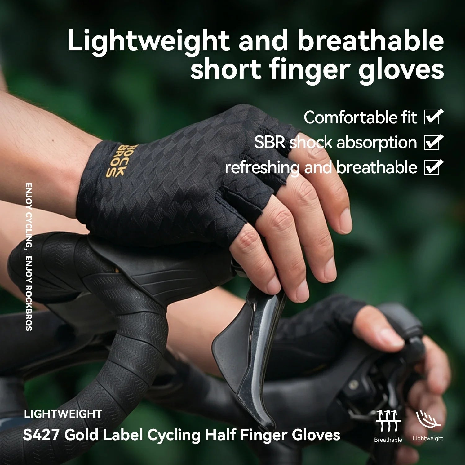 Black SBR cycling half finger gloves with a textured grip pattern and gold SBR Gold Label branding, shown worn on a person's hand gripping bicycle handlebars against a blurred green outdoor background.