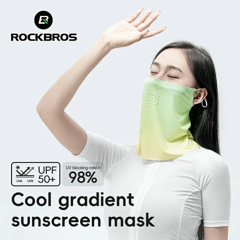 Woman wearing a green gradient sunscreen mask with Rockbros branding and product features.