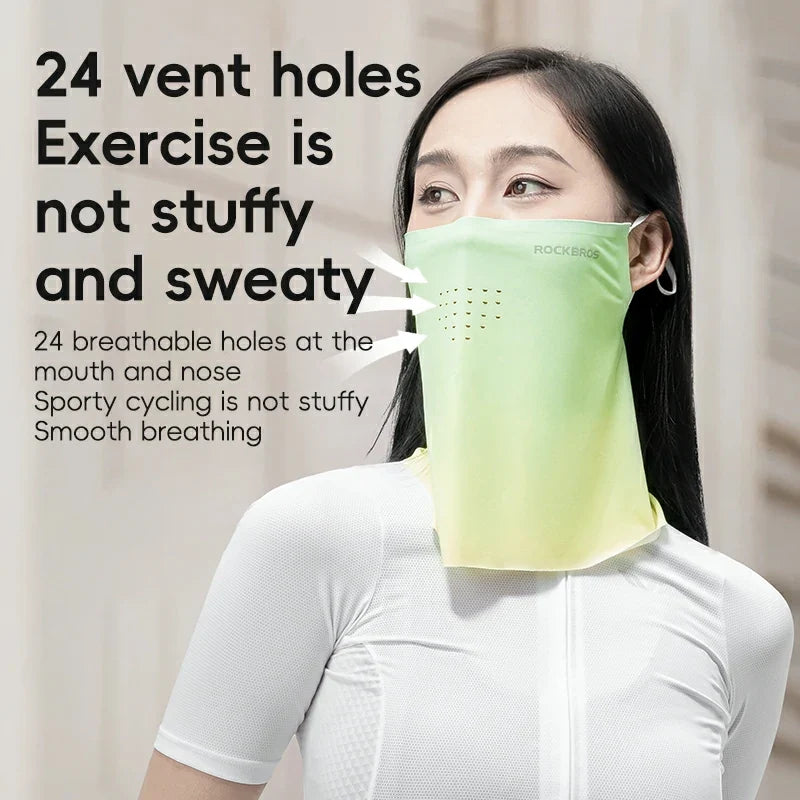 Person wearing a green neck gaiter with text about its features on a plain background