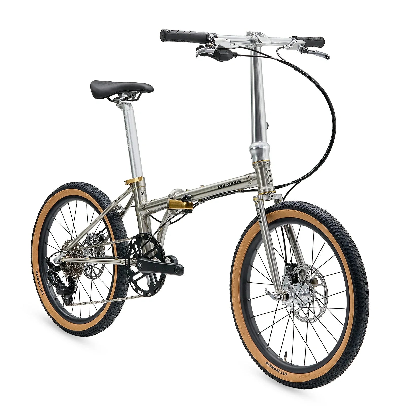 Folding bicycle with metallic frame and brown tires on a white background #Color_Raw Steel