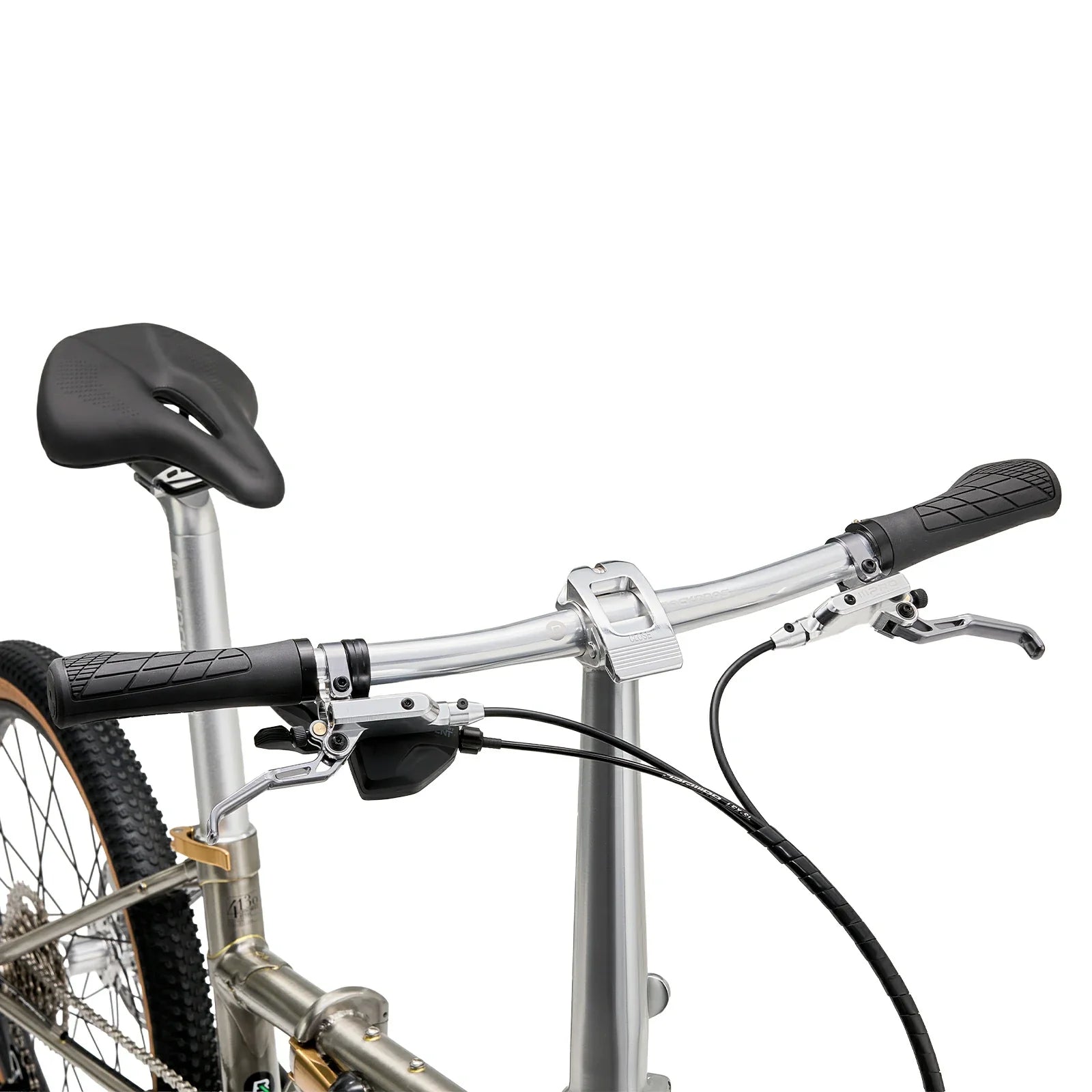 Close-up of a bicycle with handlebars, seat, and front wheel on a white background