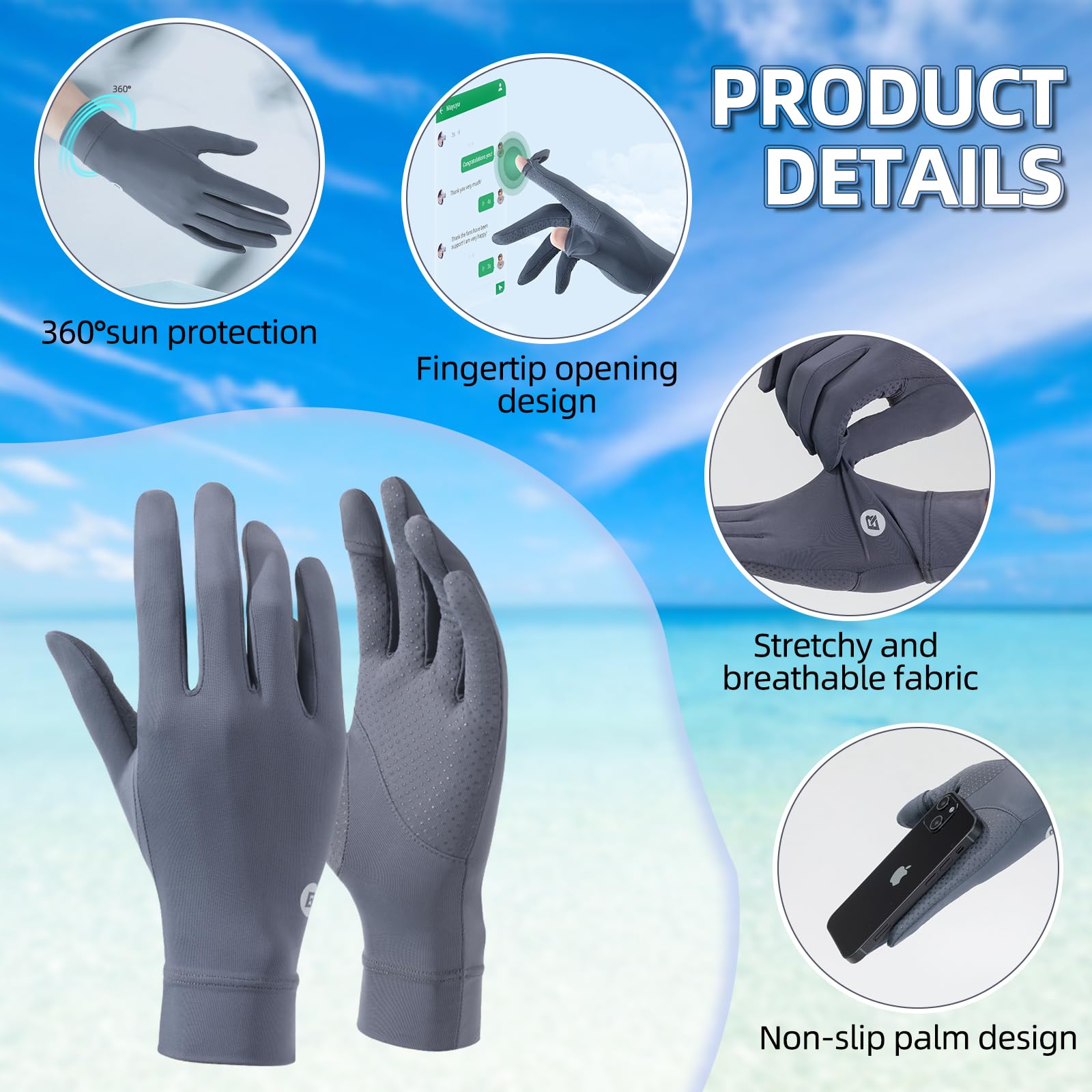 Gray gloves with product details on a blue and green gradient background