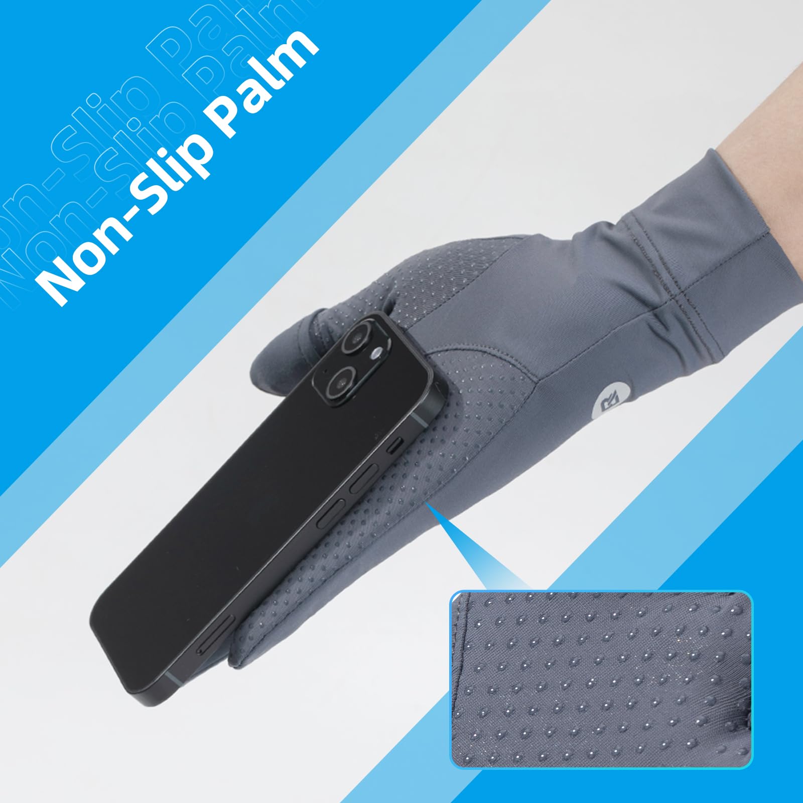Gray glove with non-slip palm holding a smartphone on a blue and white background