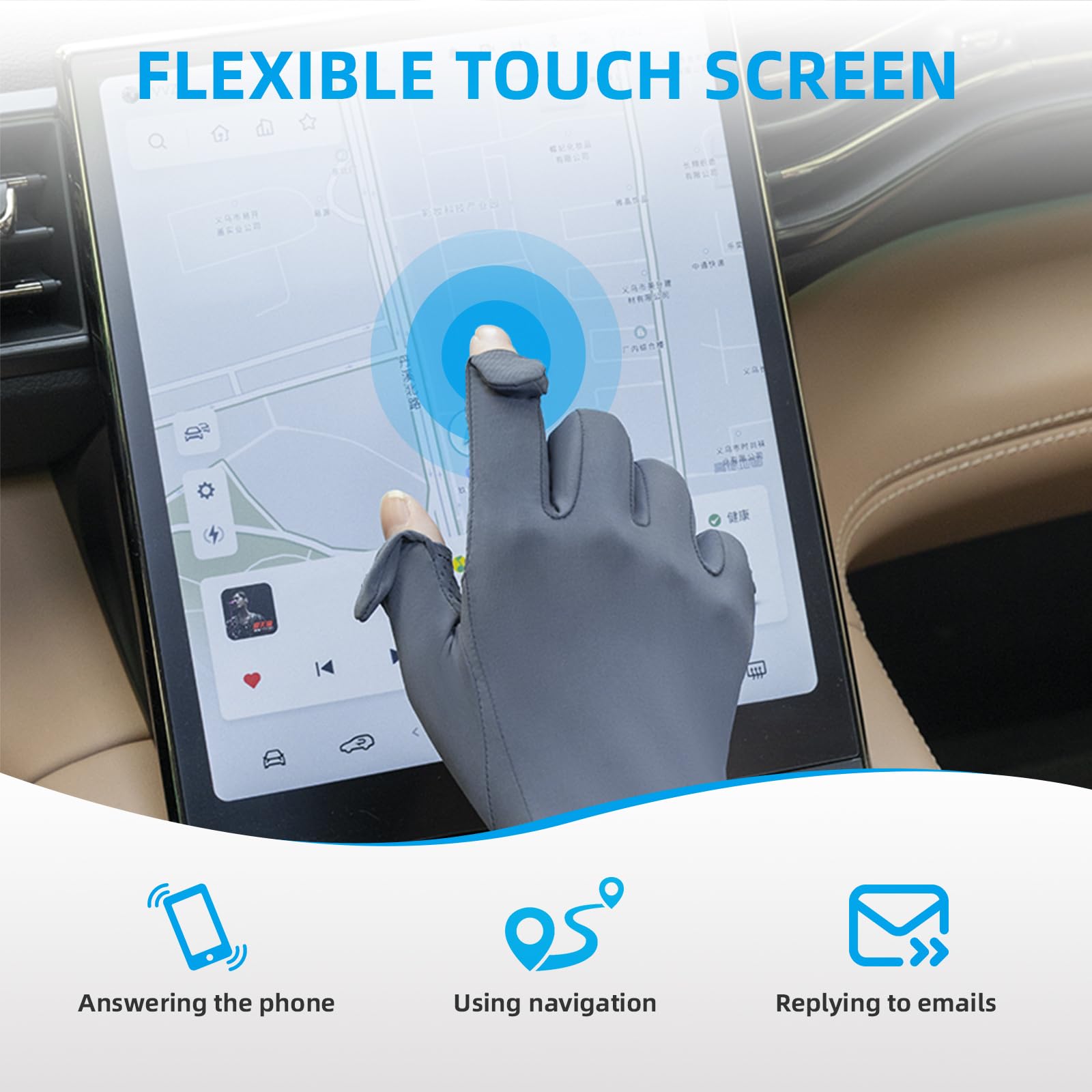 Hand wearing a glove using a car's flexible touch screen with icons for phone, navigation, and email.