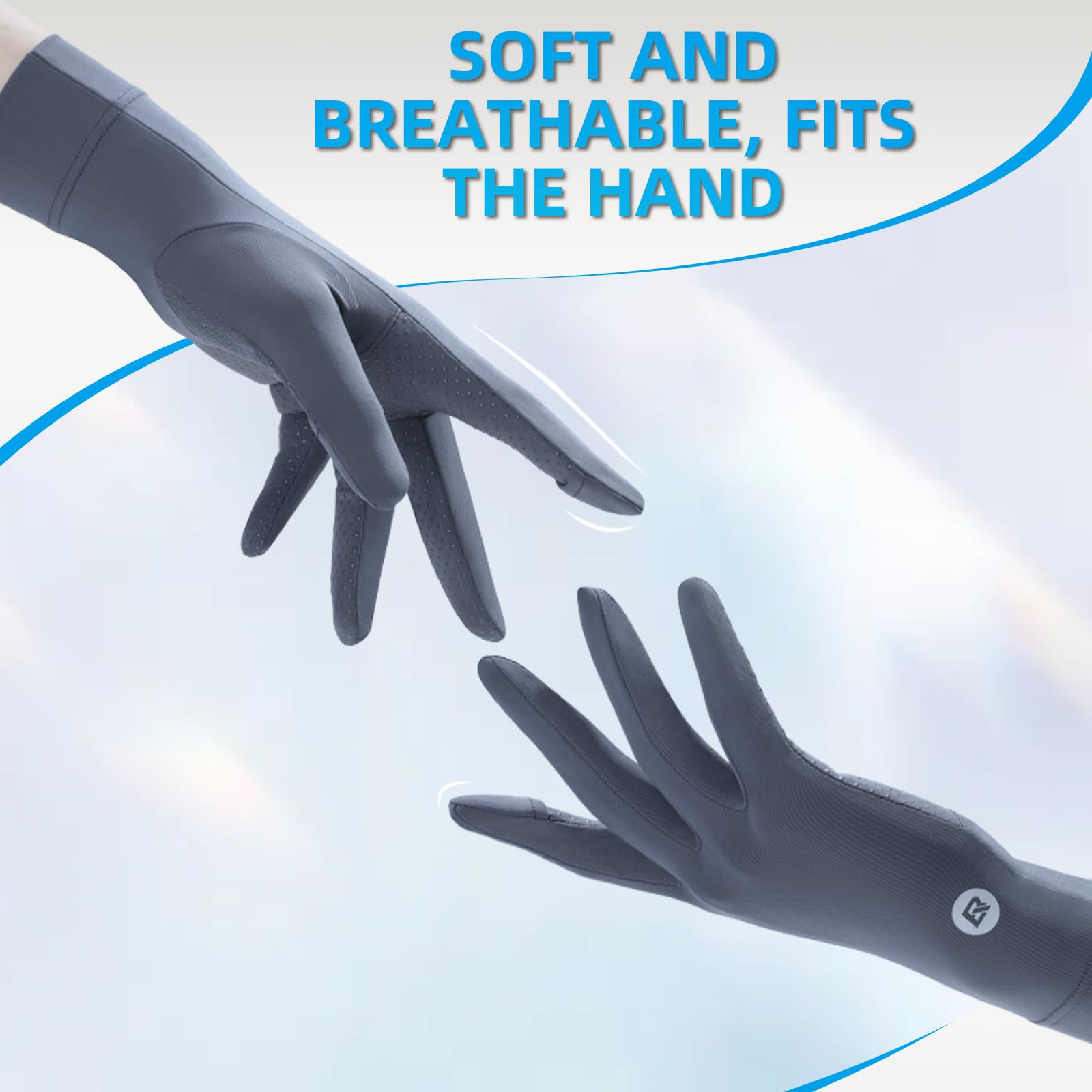 Gray gloves fitting over a hand with text 'Soft and breathable, fits the hand' on a light blue background