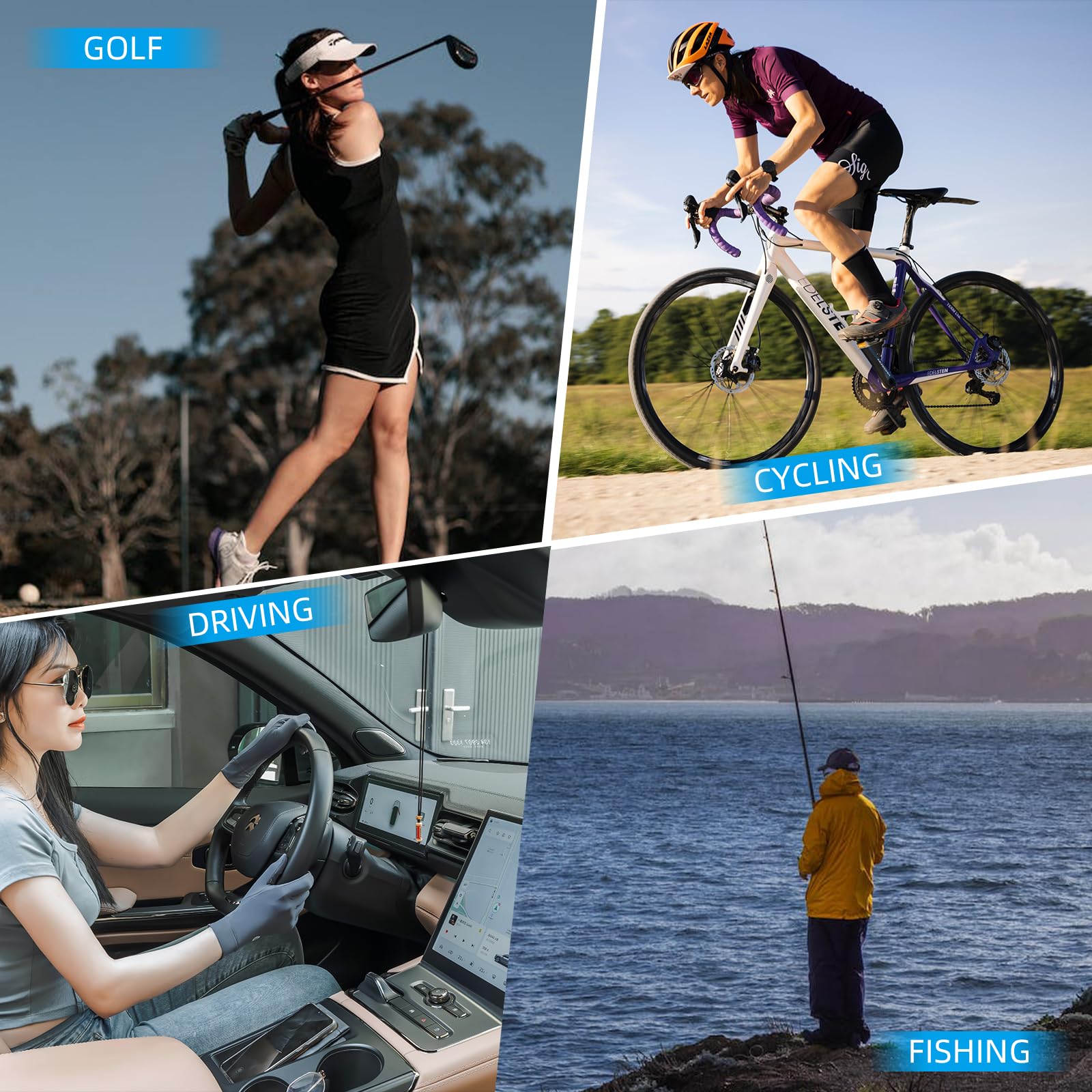 Collage of people engaging in different activities with labels for golf, cycling, driving, and fishing.