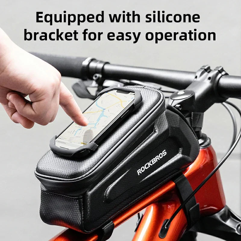 Cyclist installing top tube bag with three Velcro straps