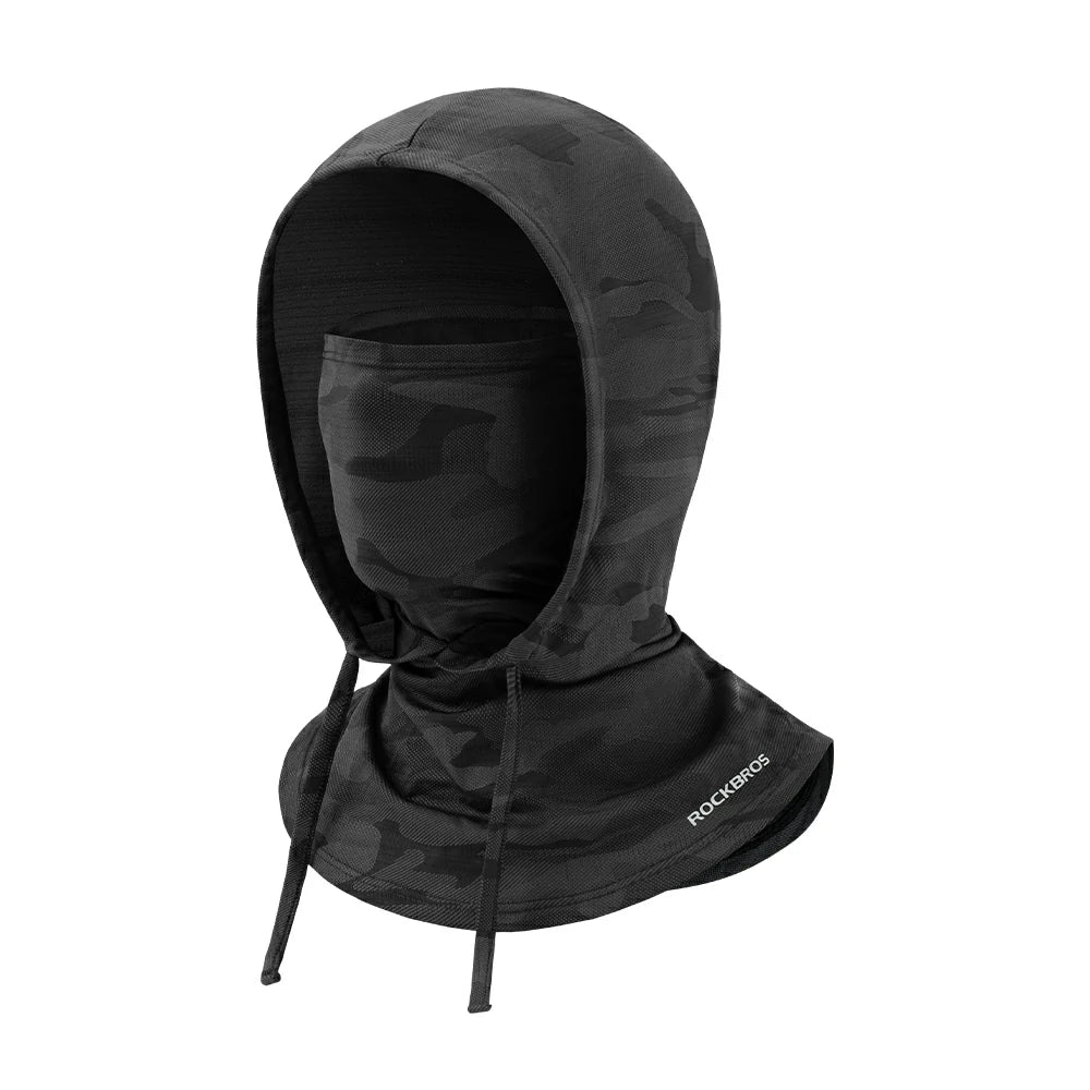 Black hooded neck gaiter with camouflage pattern on a white background #Color_Black