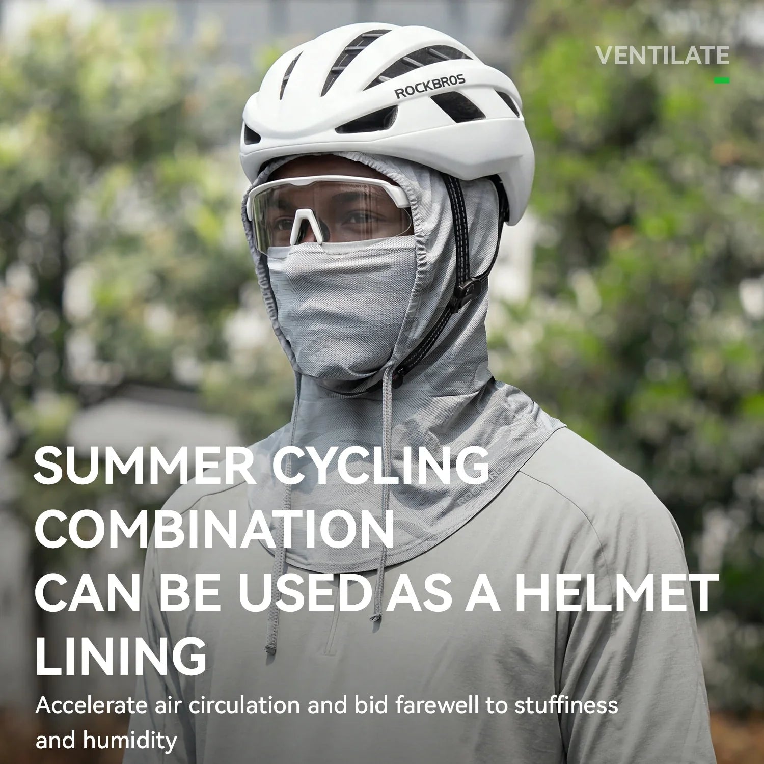 Person wearing a helmet with a face mask, text about summer cycling combination, and brand 'Rockbros' visible.