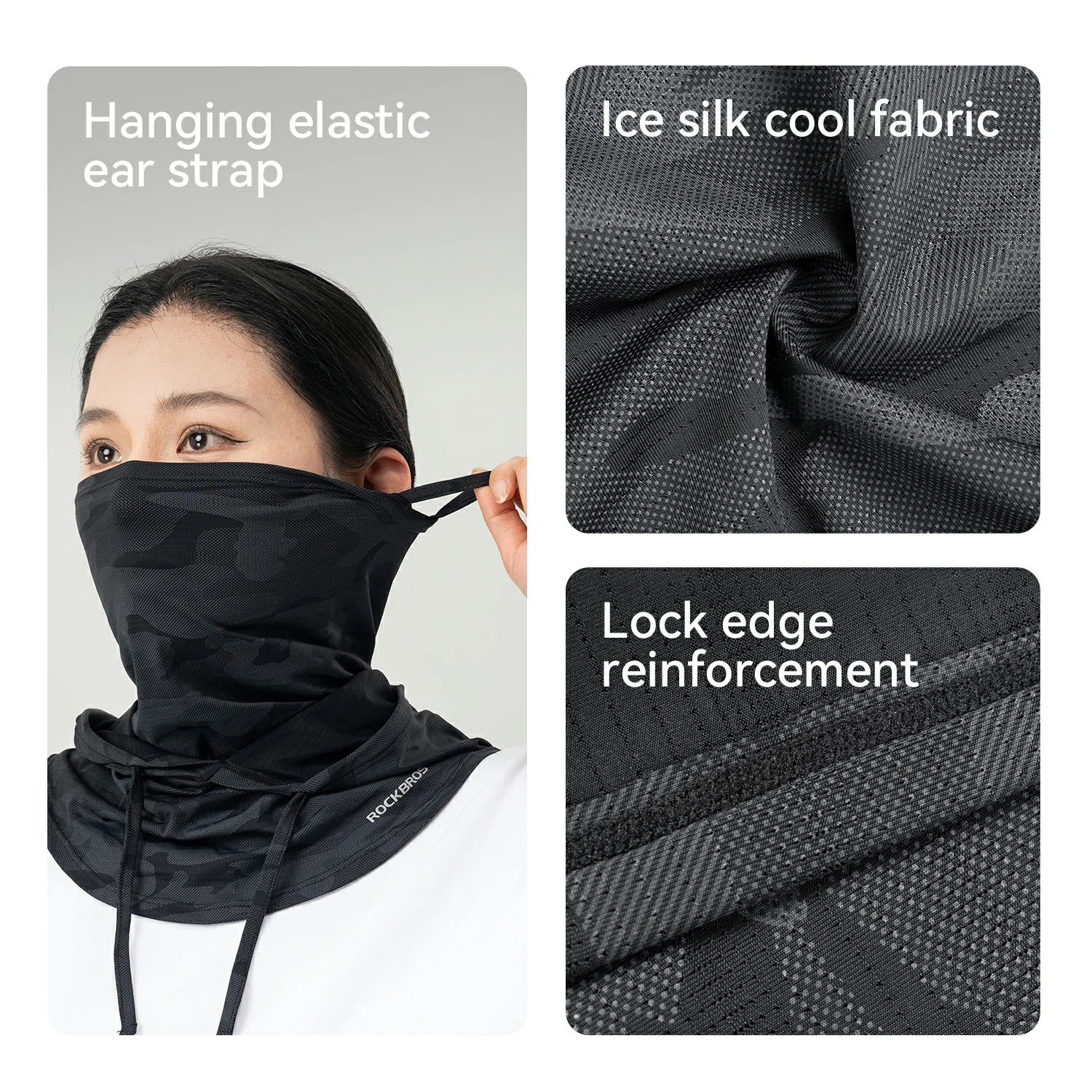 Black face mask with features highlighted on a white background