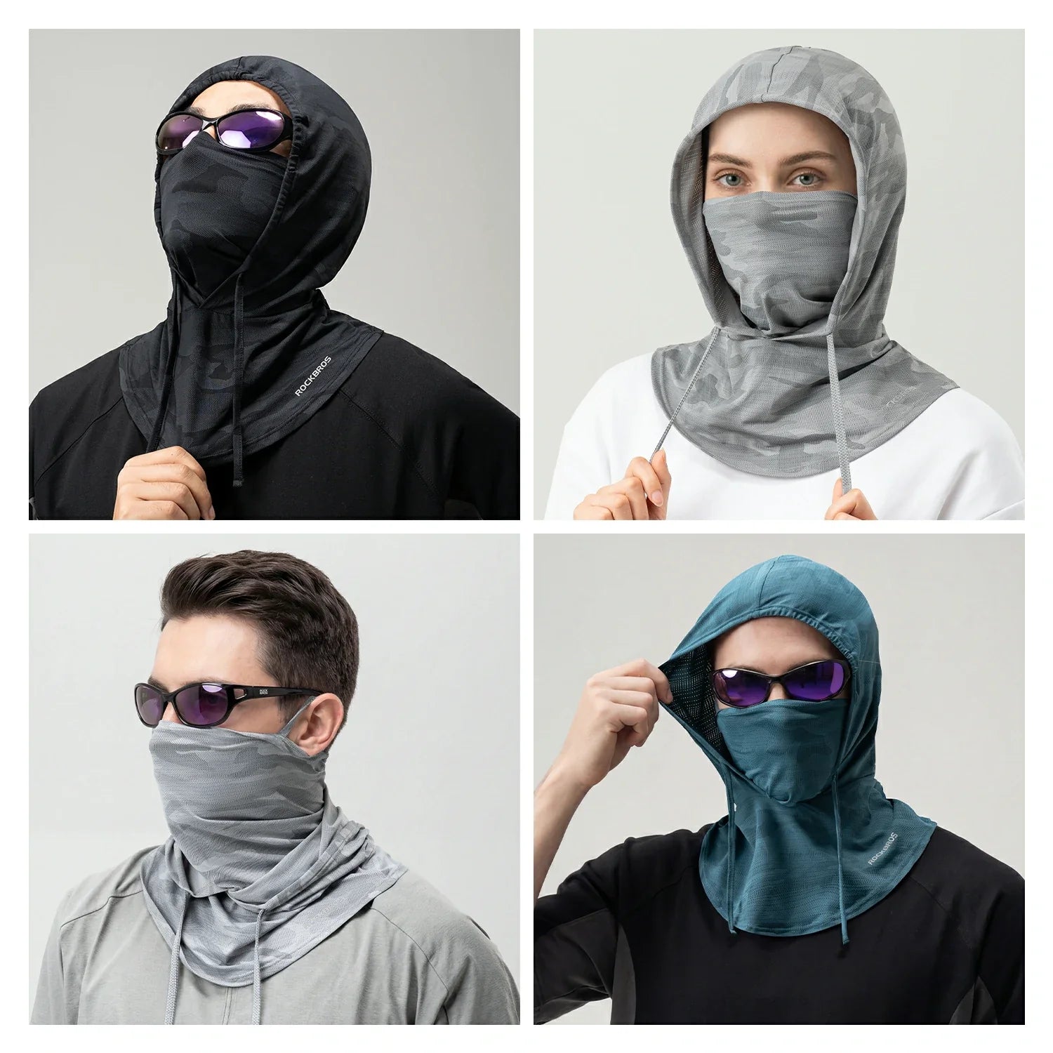 Four people wearing different colored hoods and face coverings on a gray background