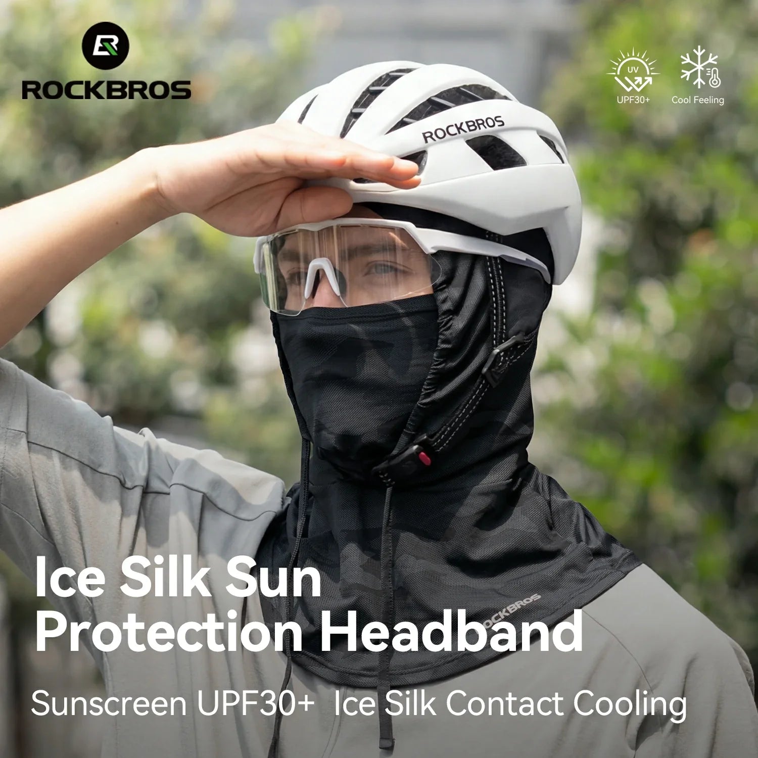 Person wearing a ROCKBROS helmet and black ice silk sun protection headband with text about features.