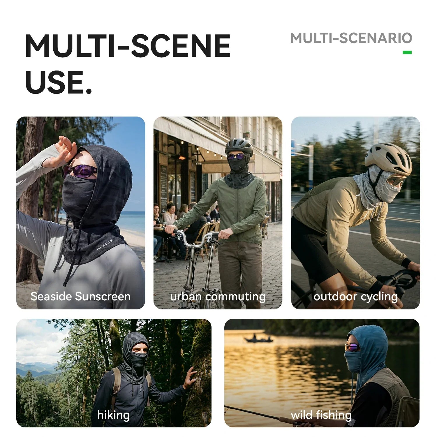Multifunctional product use scenarios including seaside, urban commuting, outdoor cycling, hiking, and wild fishing.