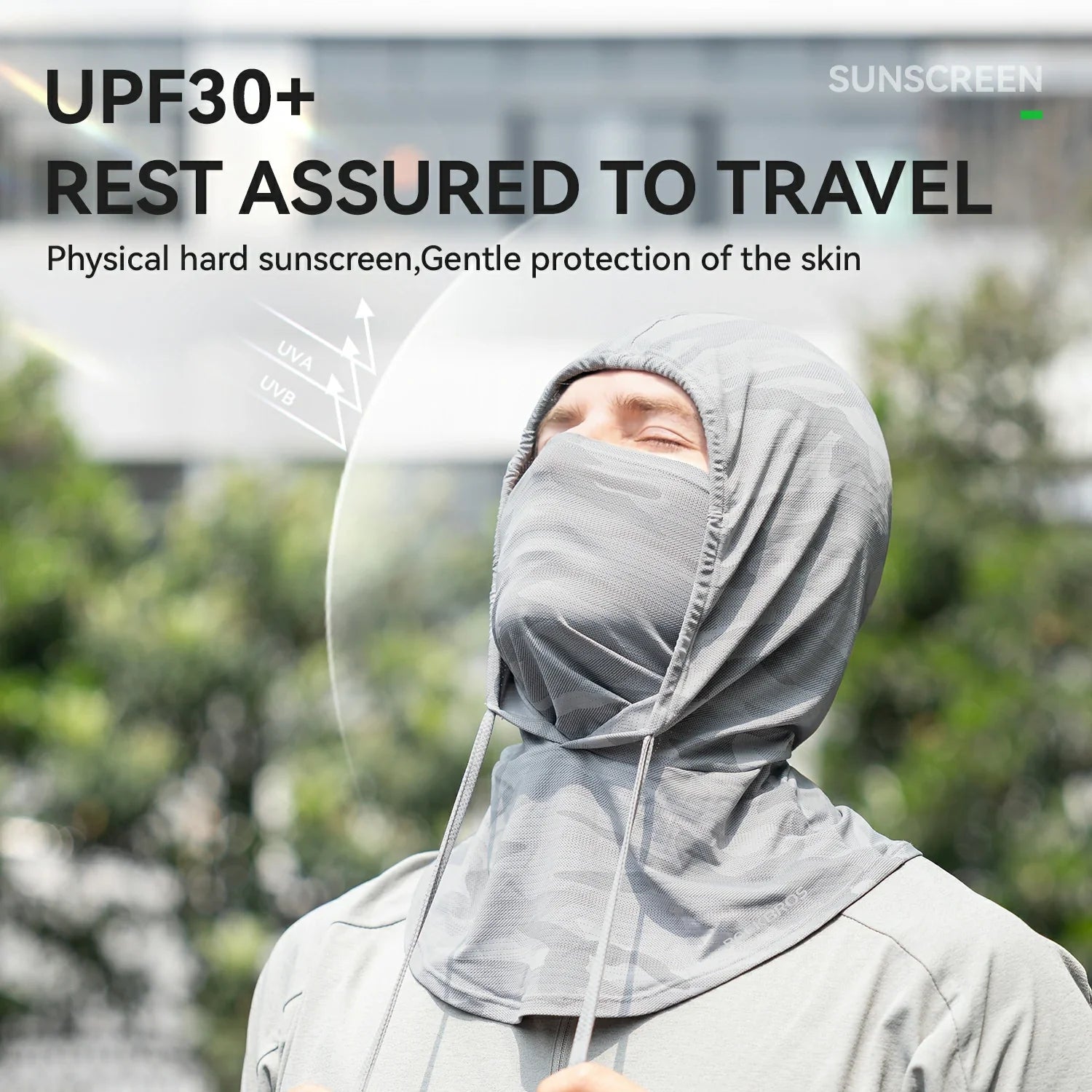 Person wearing a gray mask with text about UPF30+ and sunscreen protection