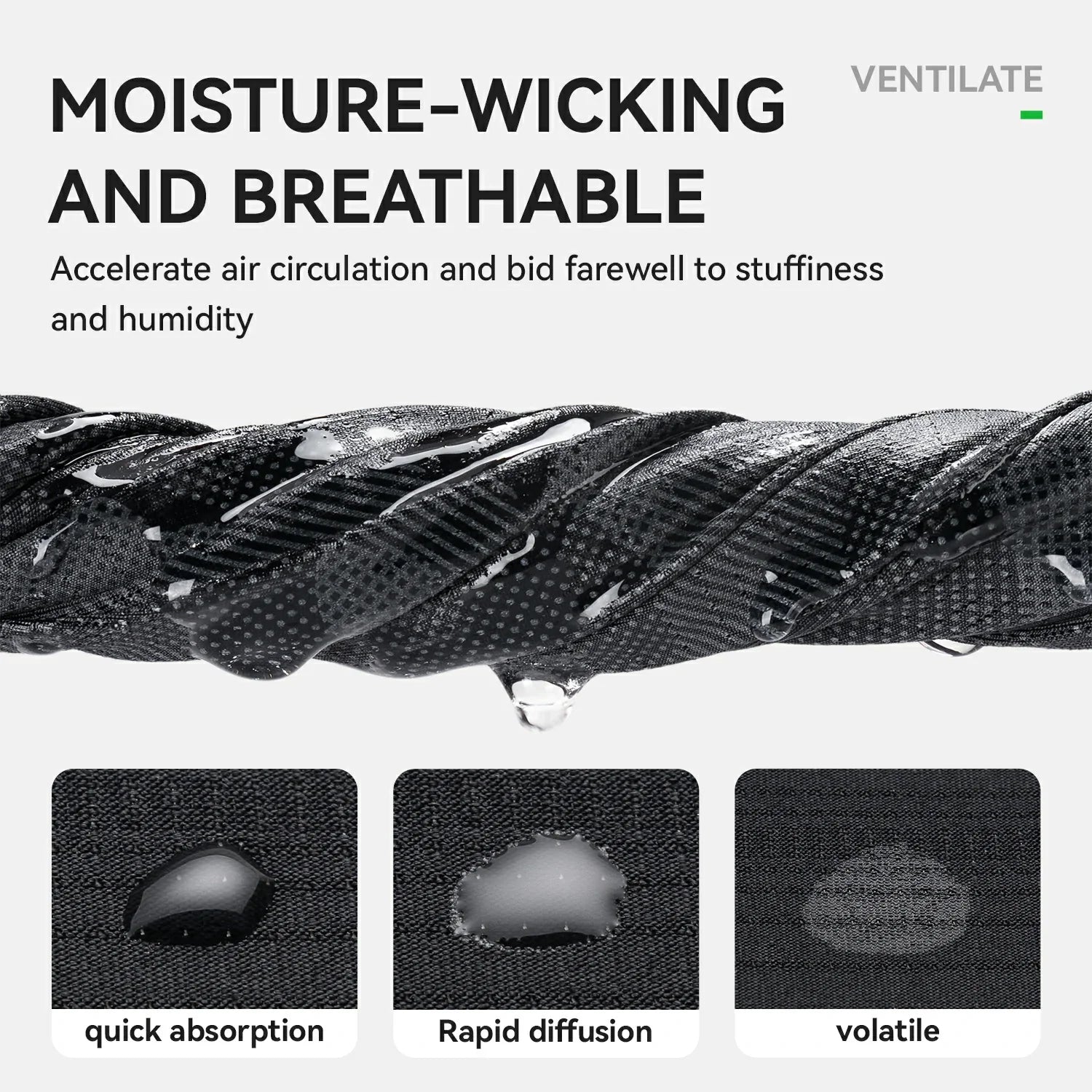 Text about moisture-wicking and breathable material with a close-up of fabric showing water droplets.