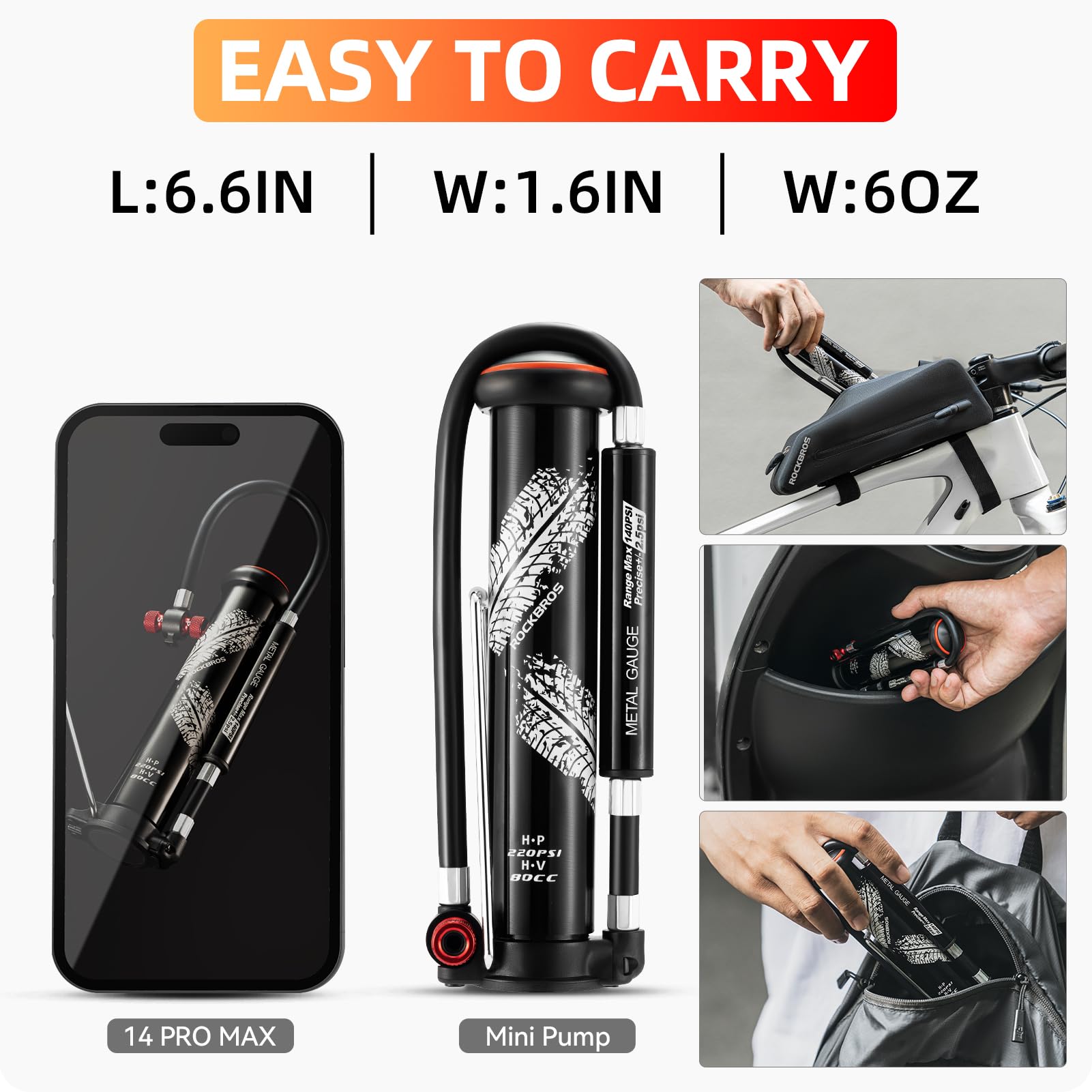 ROCKBROS Mini Bike Tire Pump Portable with Hidden Pressure Gauge Fits Valves 220PSI - ROCKBROS
