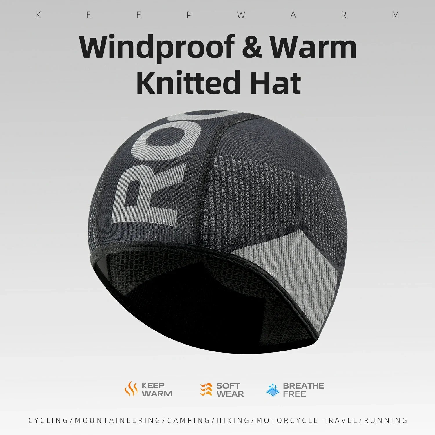 Black knitted hat with brand logo on a light gray background, featuring text 'Windproof & Warm Knitted Hat'.
