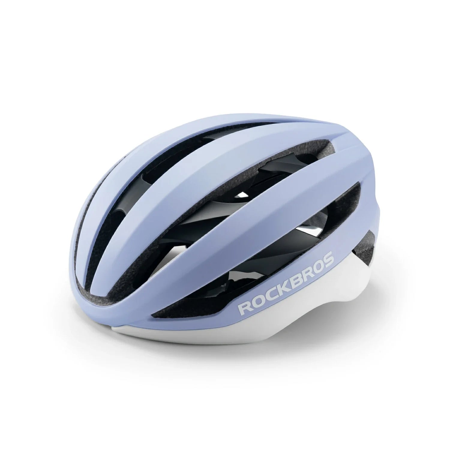 A light blue and white Rockbros cycling helmet with black ventilation slots, shown on a clean white background. #Color_Purple