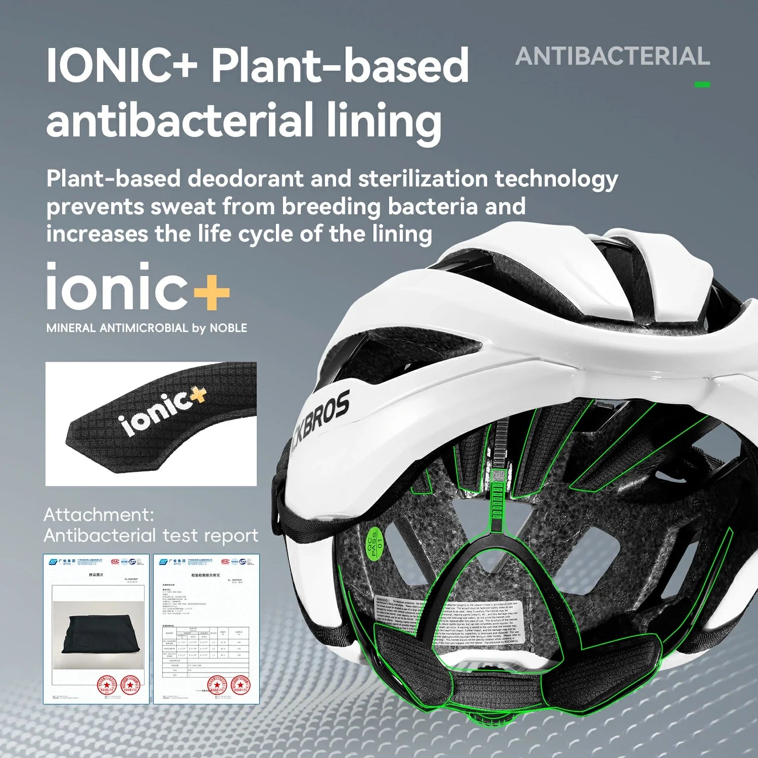 White and black bicycle helmet shown from the inside with green line highlights, alongside text about ionic+ plant-based antibacterial lining and a small inset showing the black lining with the ionic+ label.
