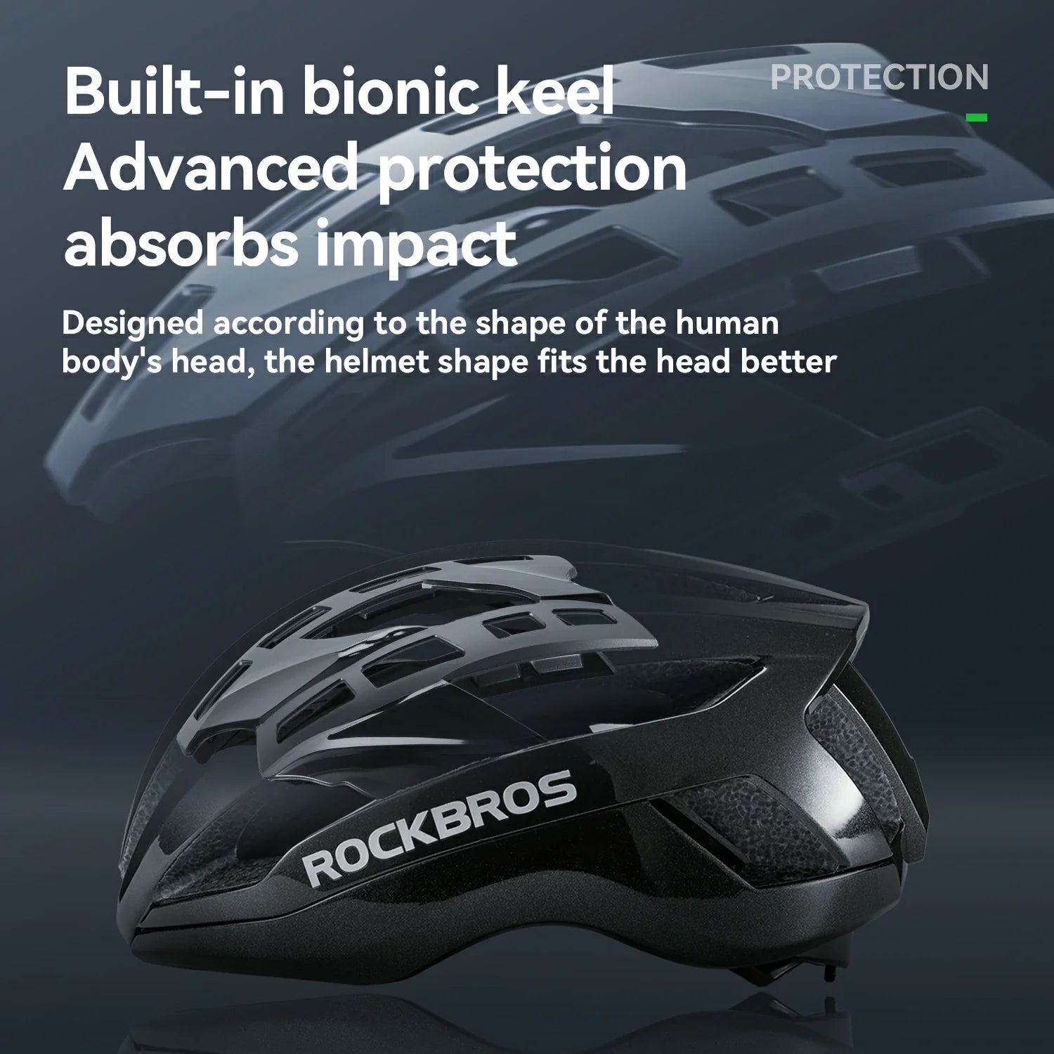 Black helmet with 'RockBros' branding on a dark background, highlighting built-in bionic keel and advanced protection features.
