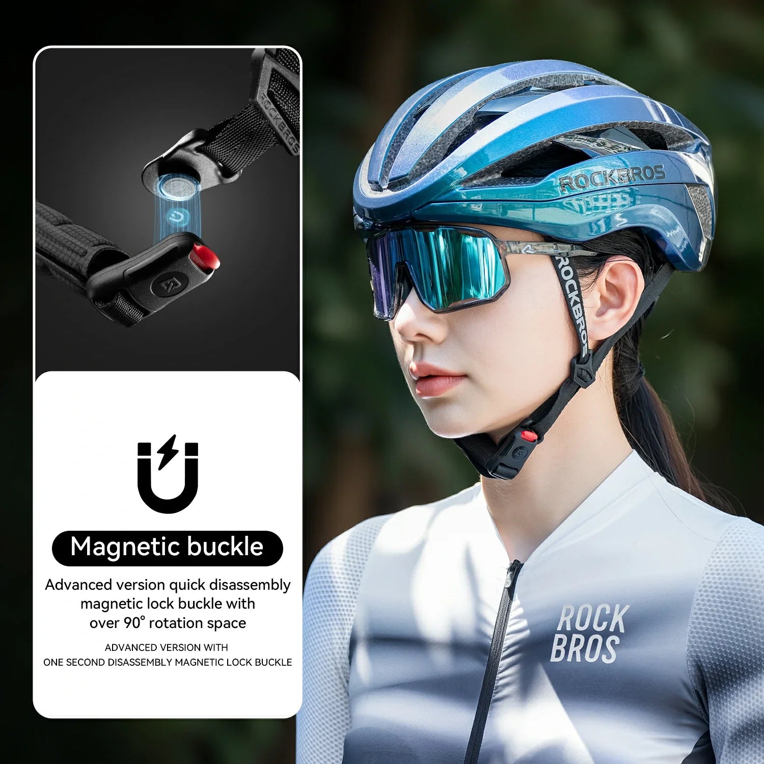 Person wearing a blue cycling helmet with magnetic buckle feature, brand 'Rock Bros' visible.