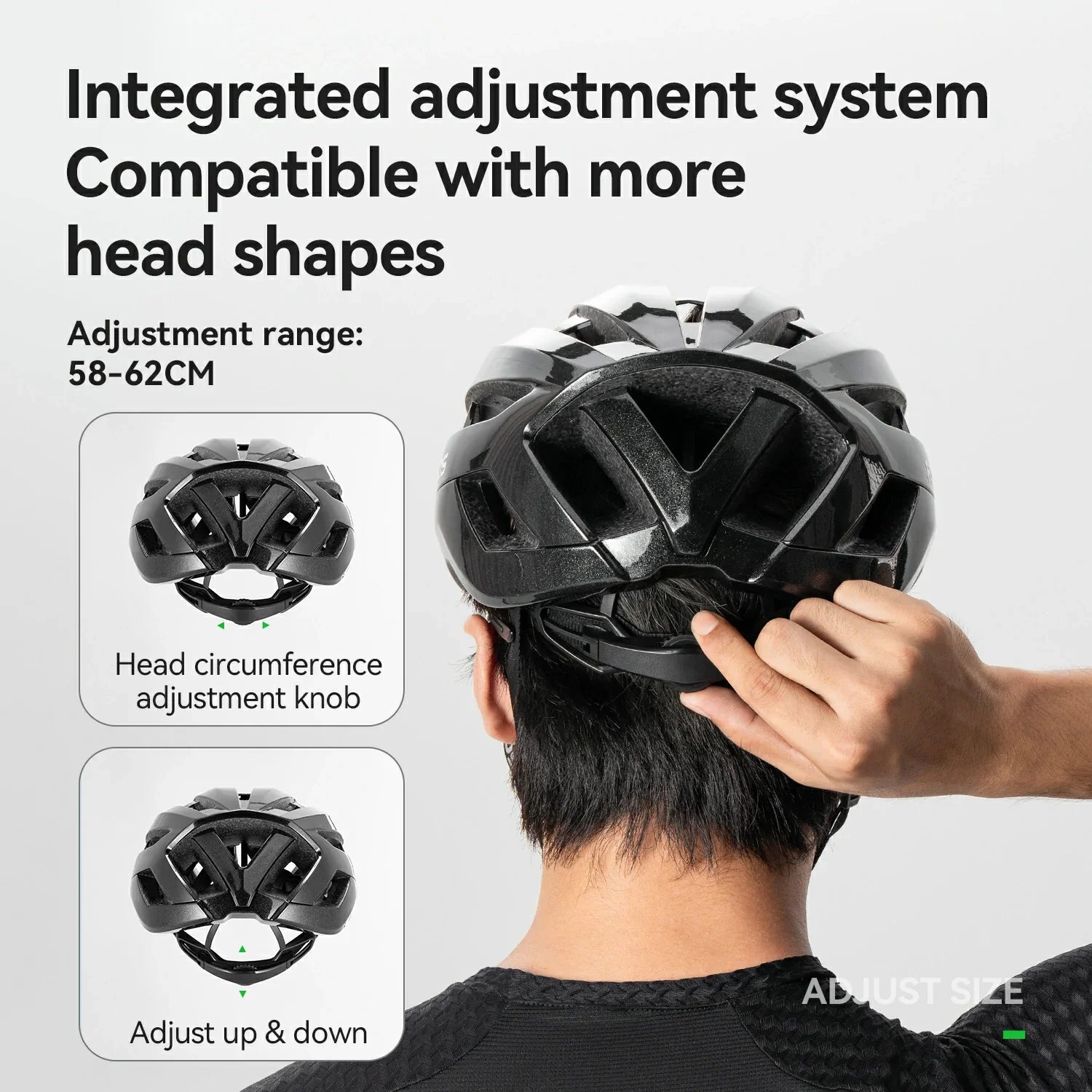 Person adjusting a black helmet with text about an integrated adjustment system on a white background