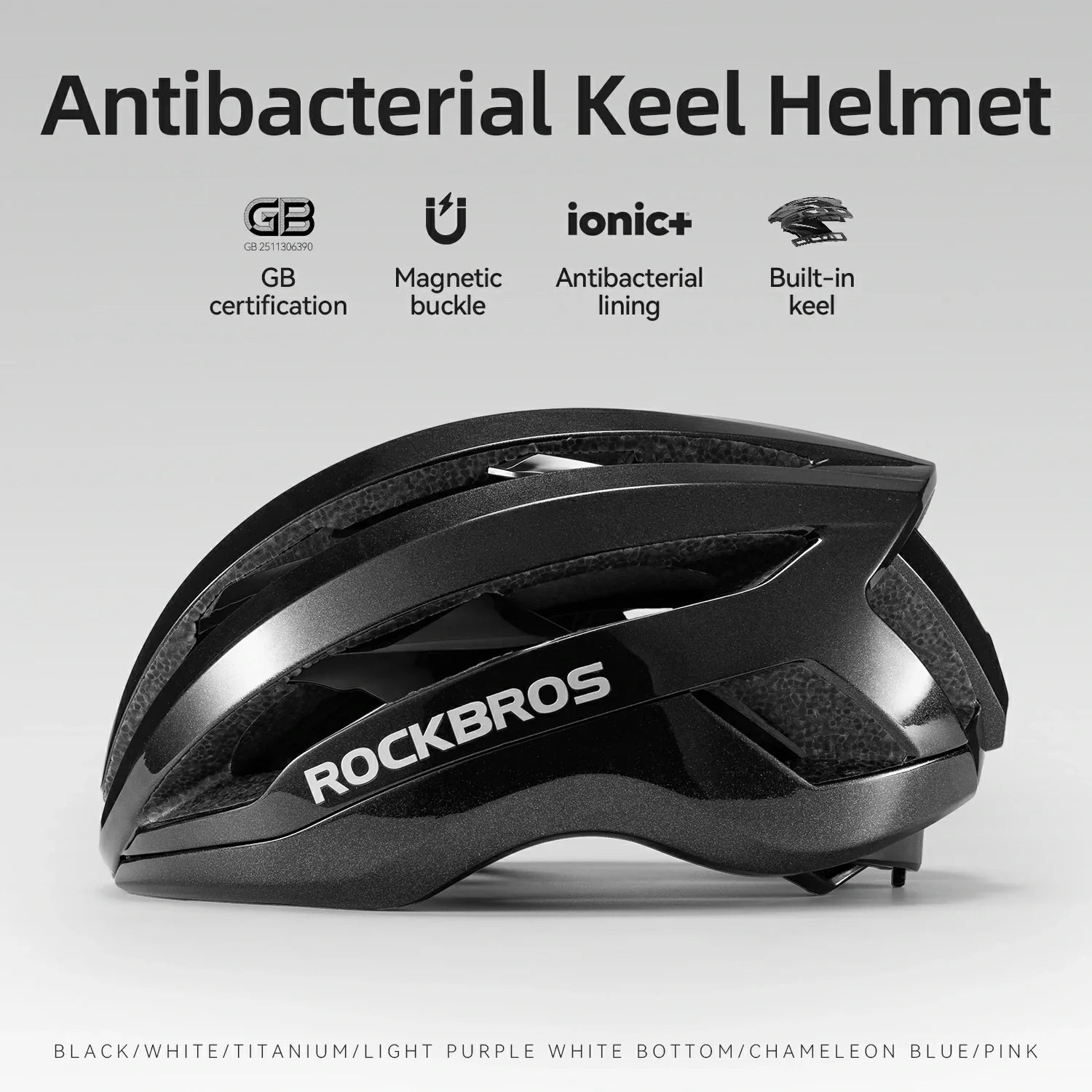 Black helmet with 'RockBros' branding on a light gray background