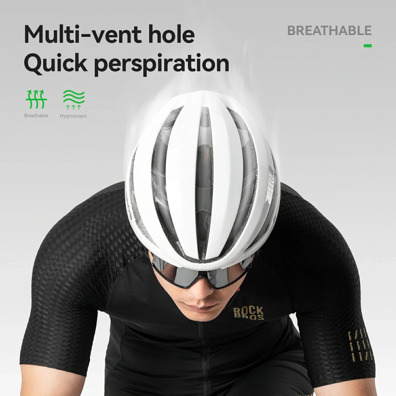 A cyclist in a black Bock Racing jersey wearing a white aerodynamic cycling helmet with multiple vent holes, shown against a light gray background with marketing text 'Multi-vent hole Quick perspiration' and 'BREATHABLE'.