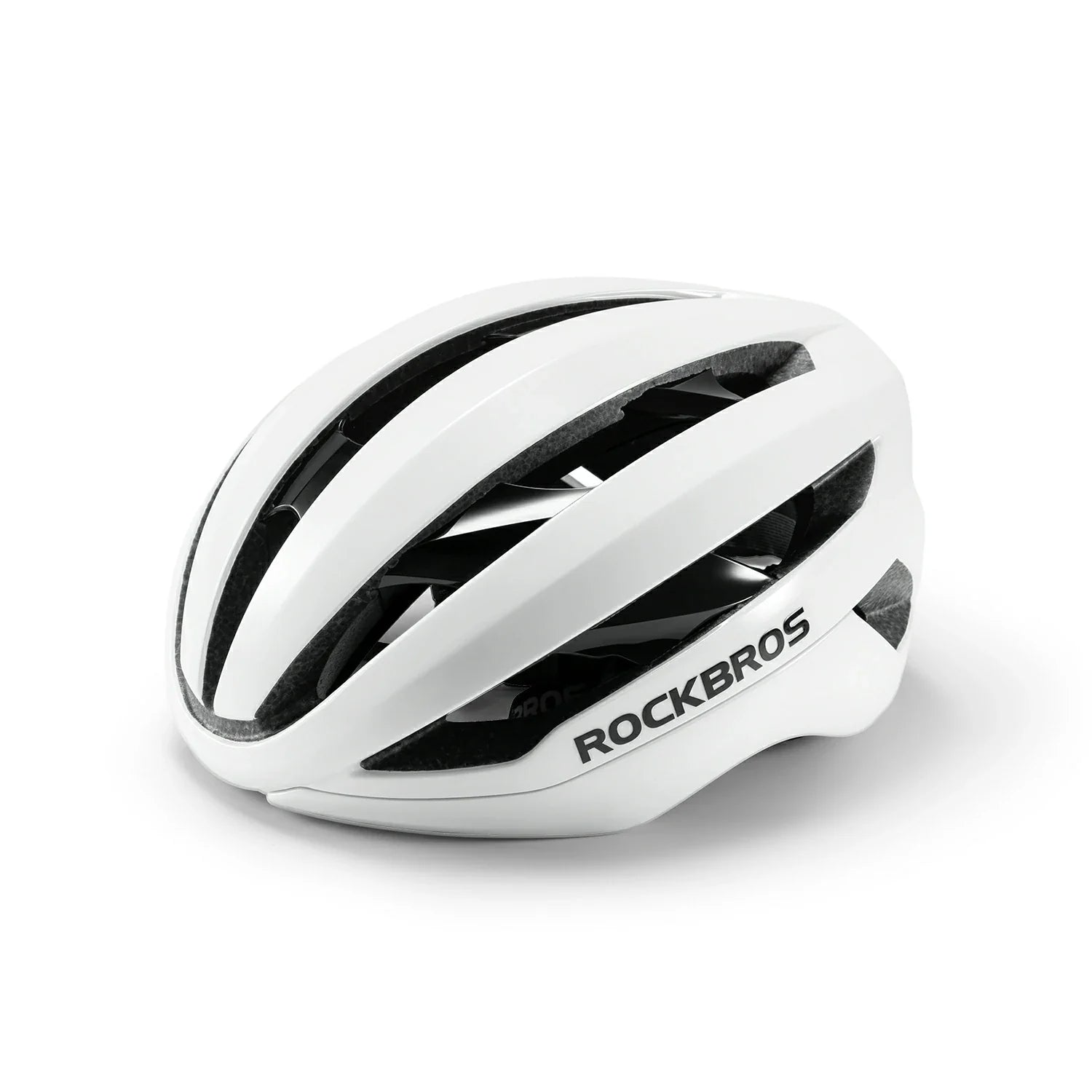A white Rockbros cycling helmet with black accents and the brand name 'ROCKBROS' printed in black on the side, shown on a clean white background. #Color_White