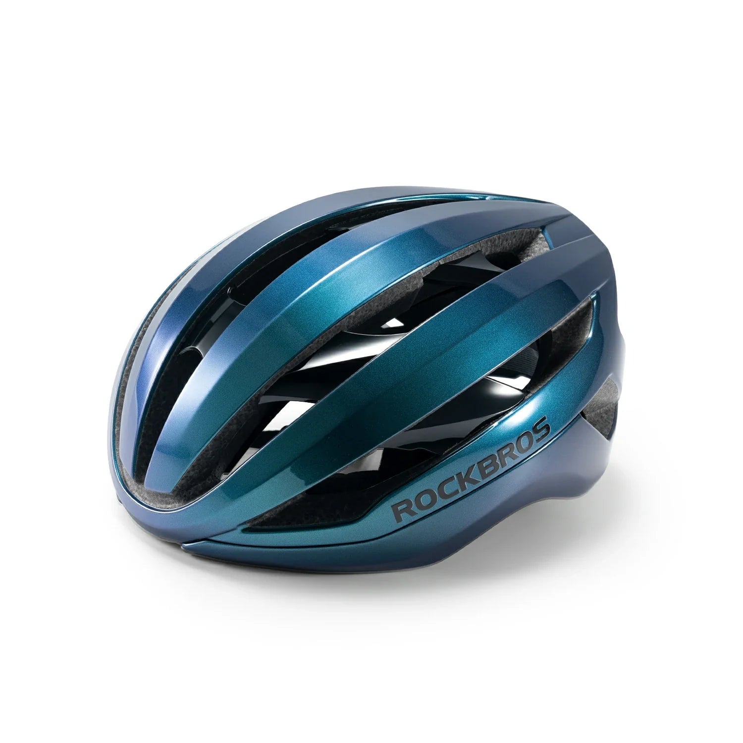 A metallic blue and teal bicycle helmet with multiple ventilation slots, featuring the ROCKBROS logo printed in gray on the side, set against a plain white background. #Color_Blue
