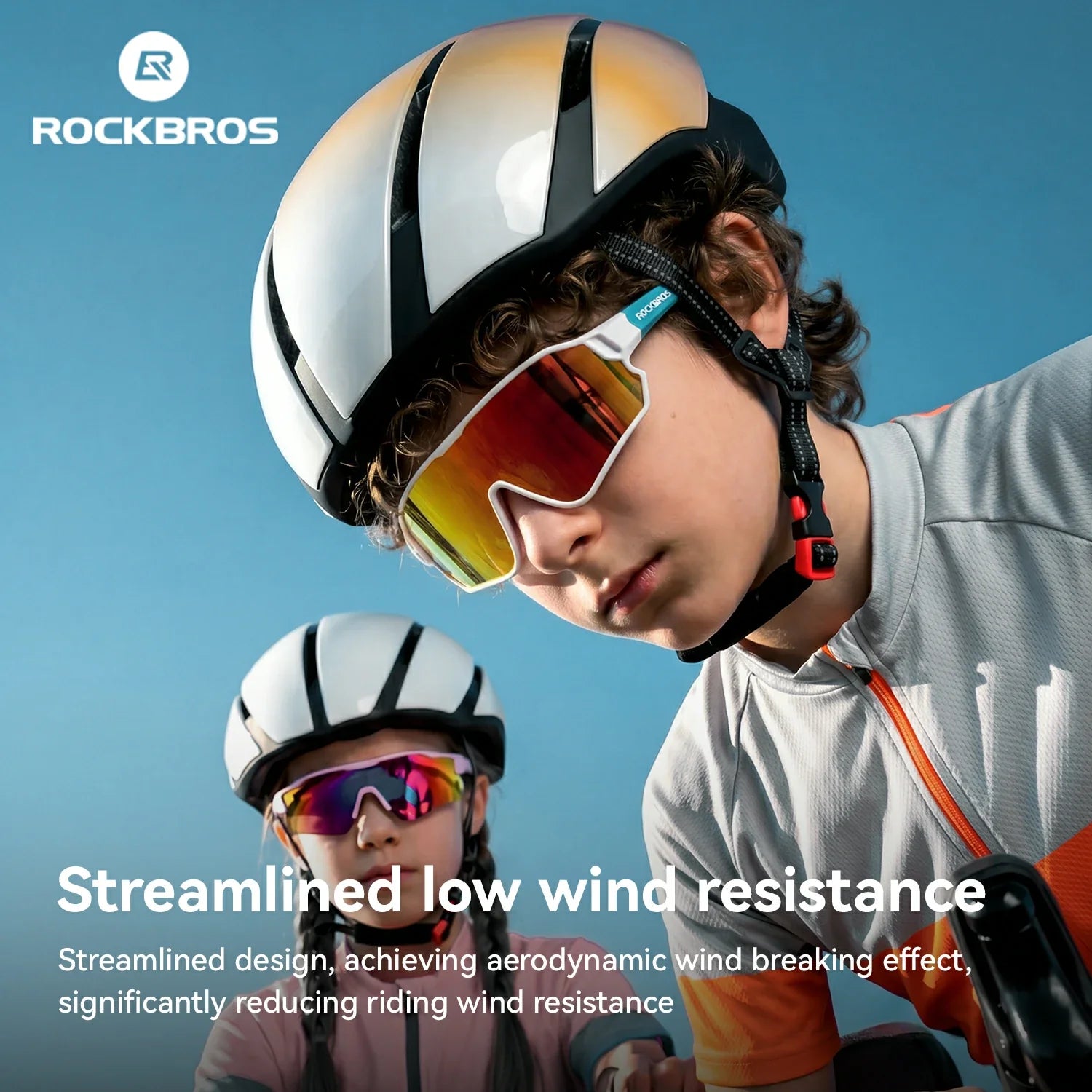 Two cyclists wearing white Rockbros helmets and mirrored sunglasses against a blue sky, with promotional text highlighting low wind resistance.