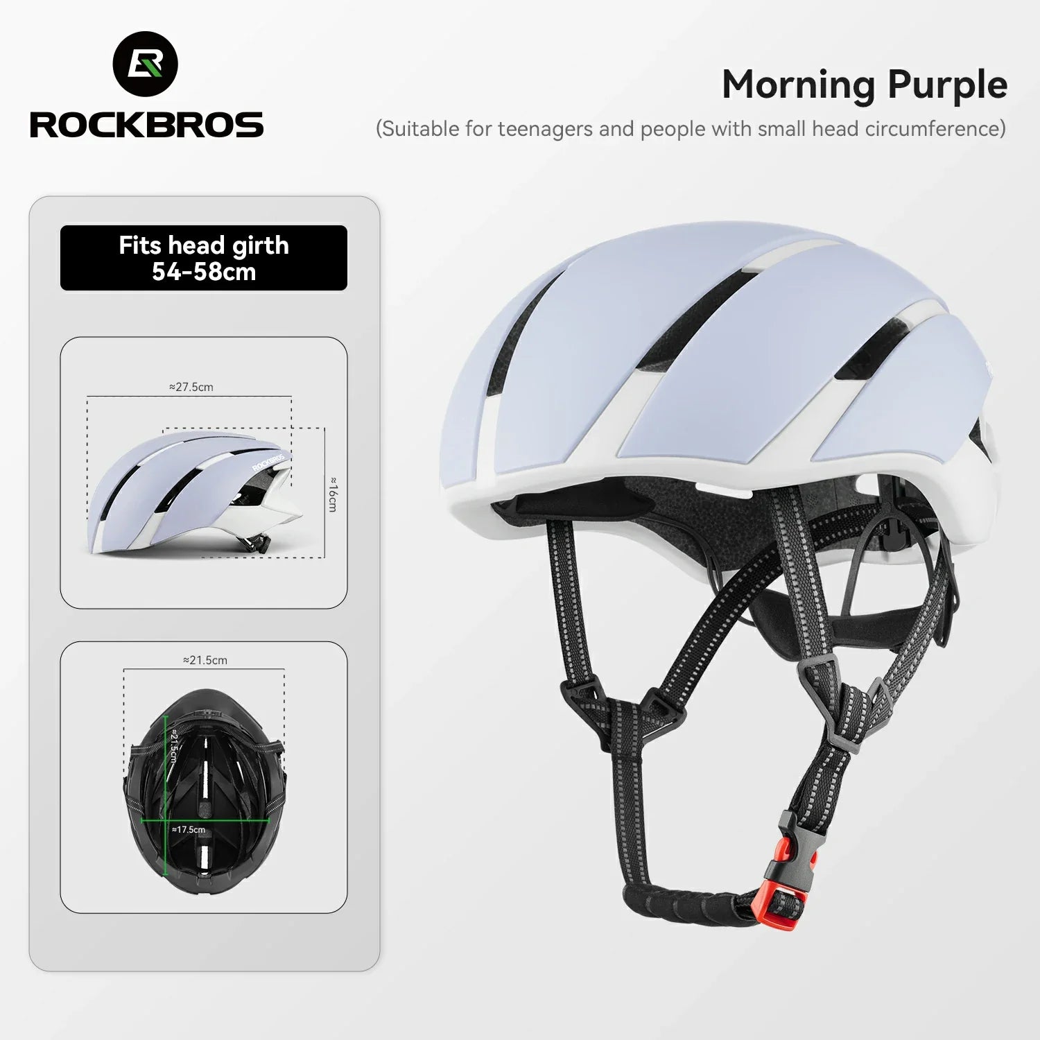 A Rockbros bicycle helmet in 'Morning Purple' shown on a light gray background with product specifications and sizing diagrams. The helmet features a glossy light purple shell with black vents and black adjustable straps. #Color_Purple