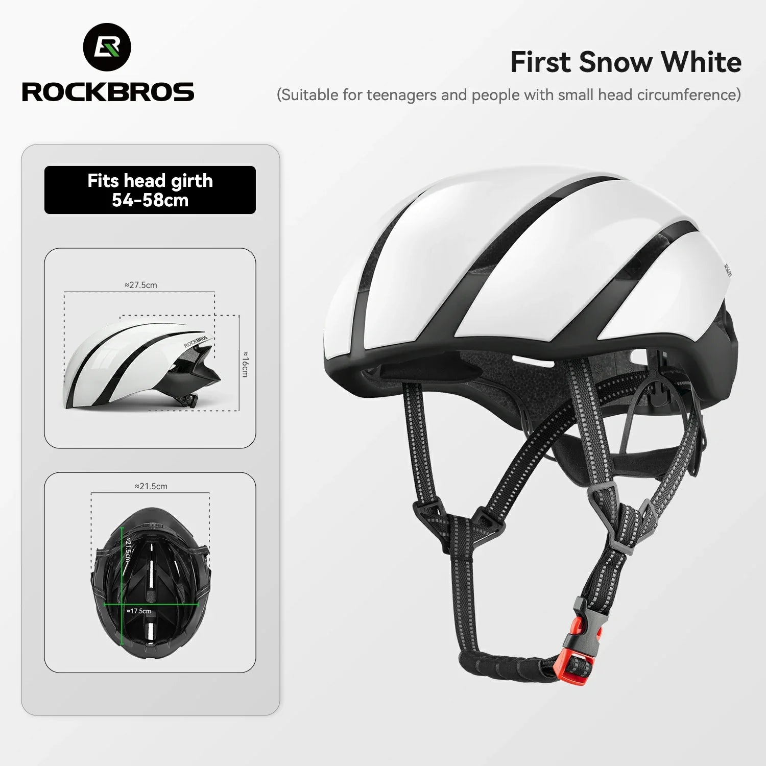 A white and black Rockbros snow helmet shown on a light gray background with product information text and a fitment diagram. The helmet has a glossy finish, black vents, black chin straps, and a small red buckle accent. #Color_White